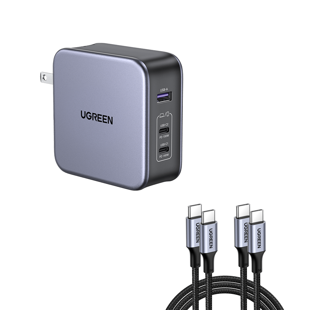 Boitier 140W - Chargeur secteur UGREEN CD289, 2x USB-C, 1x USB-A, GaN,  140W, câble 2m