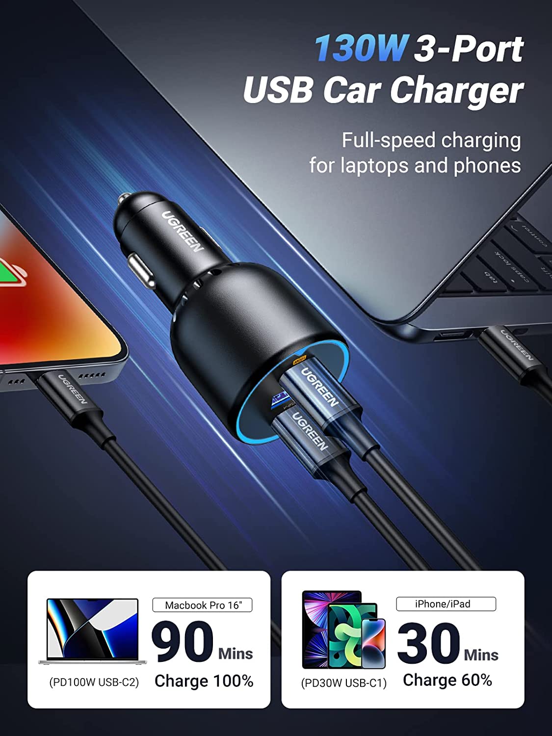 200W QC3.0 PD Car Charger 5A Fast Charing 2 Port 12-24V Cigarette