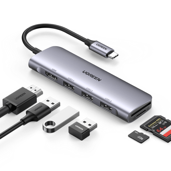 UGREEN USB C Hub HDMI Adapter 6 in 1 Type C Hub with 4K USB C to Hdmi, SD TF Card Reader (3 USB 3.0 Ports XPS Aluminum)