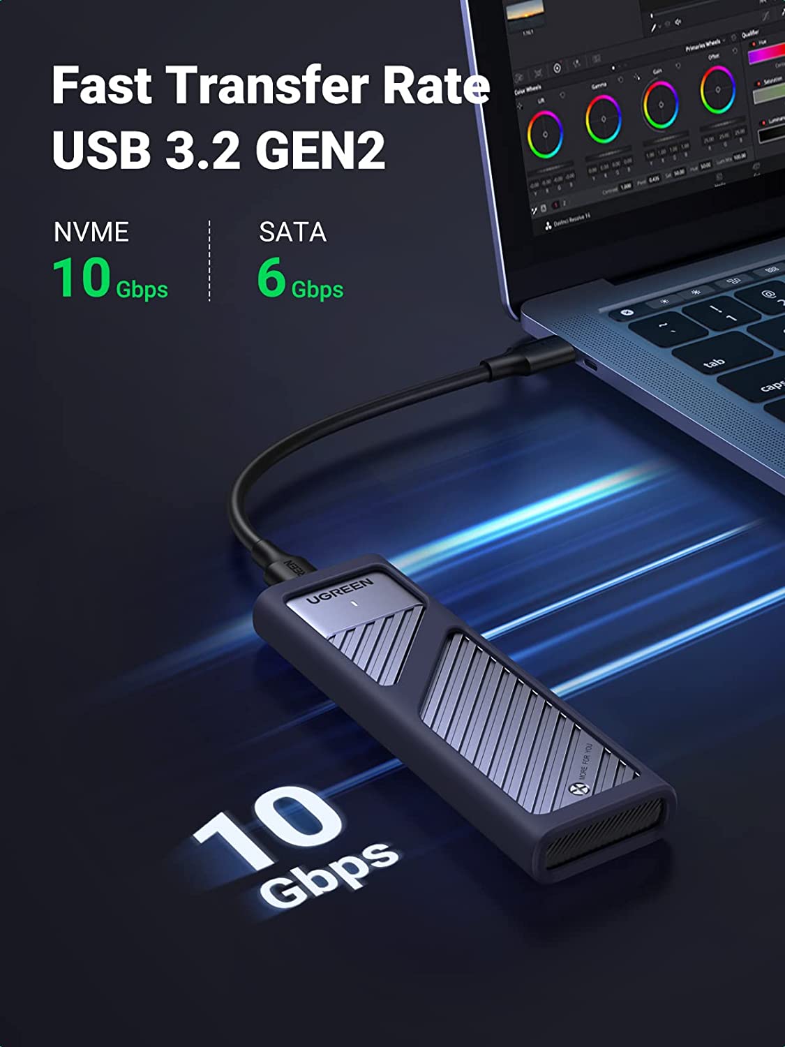 UGREEN Lecteur de boîtier SSD M.2 NVMe et SATA, 10 Gbit/s USB C