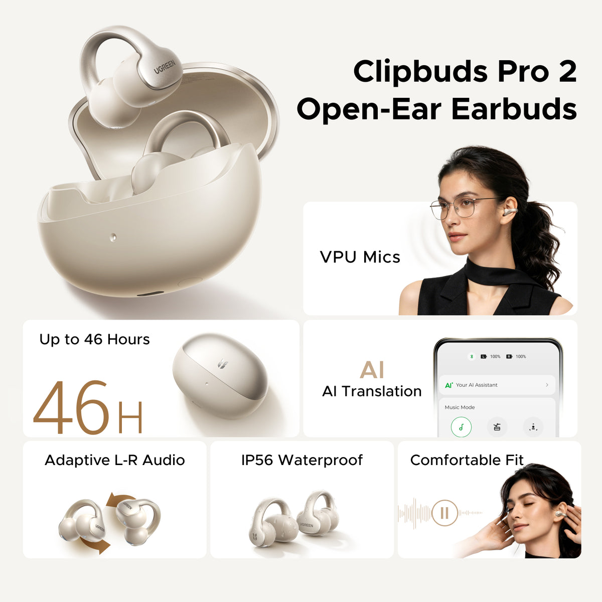 UGREEN ClipBuds Pro2 Wireless Earbuds AI Translator 46H Long Play Time Earphones Champagne Gold