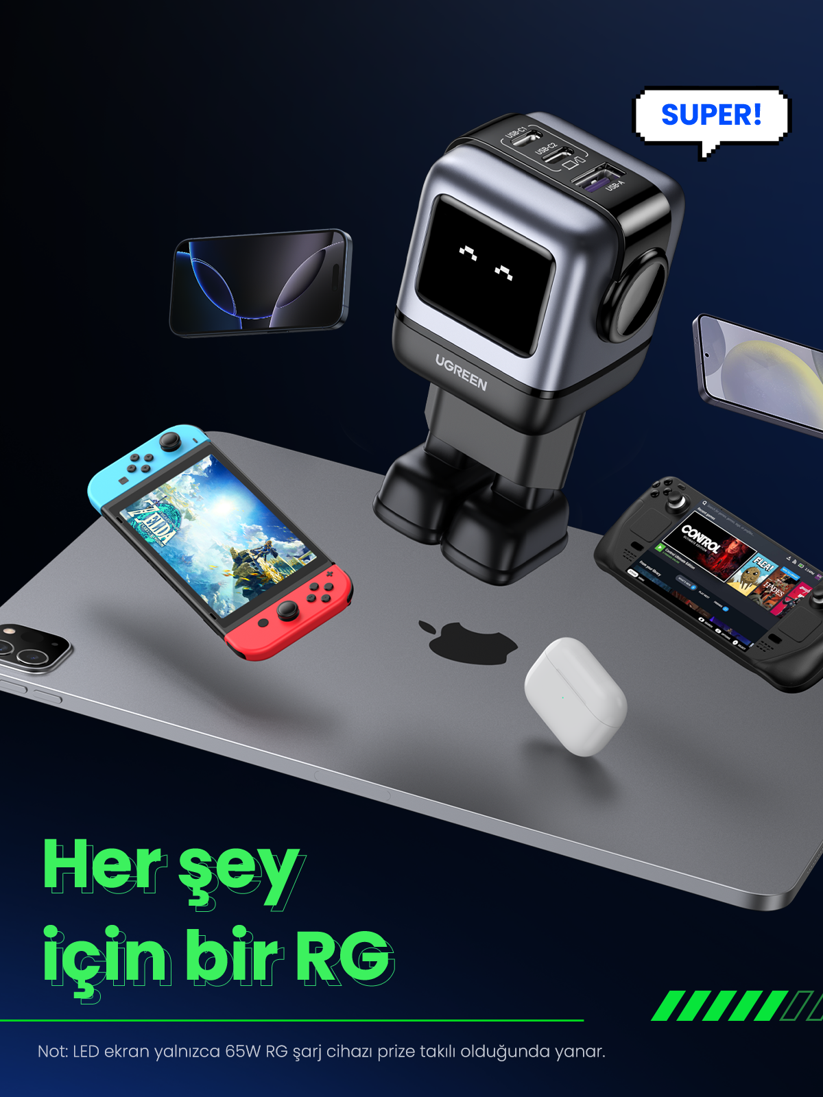 UGREEN Uno 65W 3 Port Şarj Cihazı