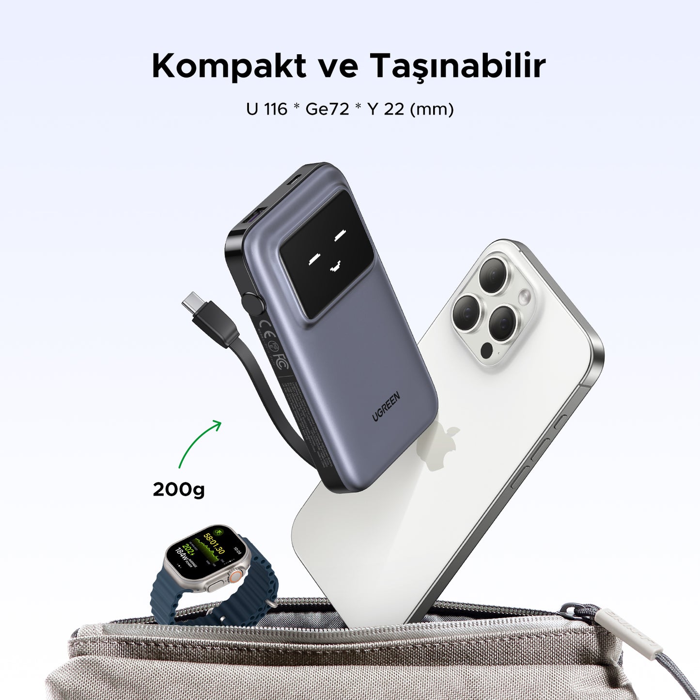 UGREEN Uno Powerbank 10000mAh 30W (Dahili Kablolu)