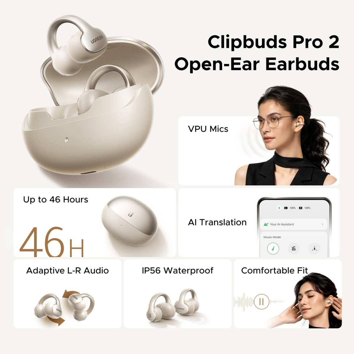 UGREEN ClipBuds Pro2 Wireless Earbuds AI Translator 46H Long Play Time Earphones Champagne Gold