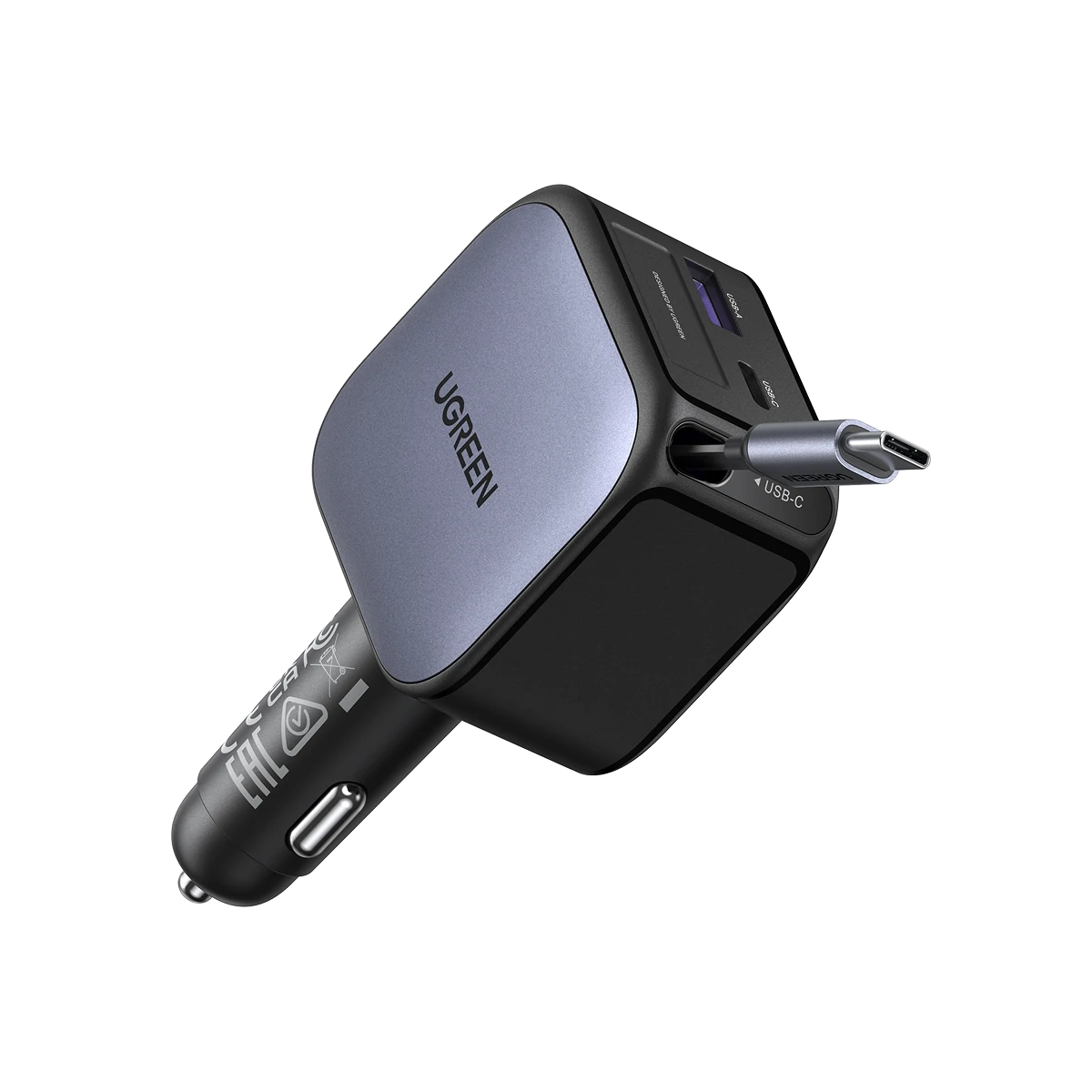UGREEN 60W Cargador Coche Retráctil Carga Rápida con Cable Retractil