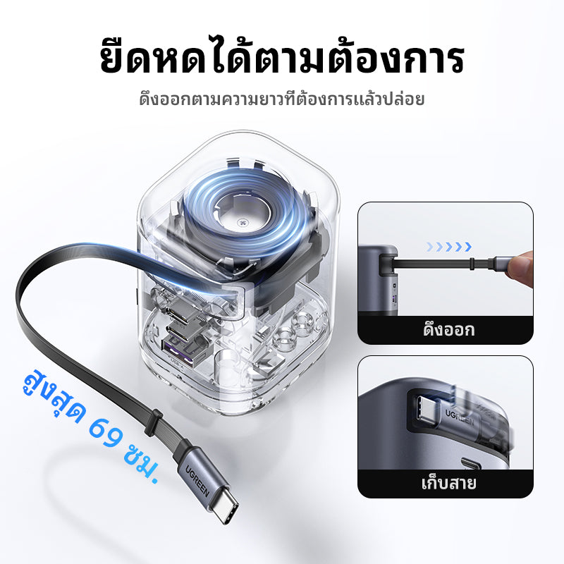 UGREEN Nexode หัวชาร์จแบบยืดหดได้ บิวท์อินสาย USB-C 100W