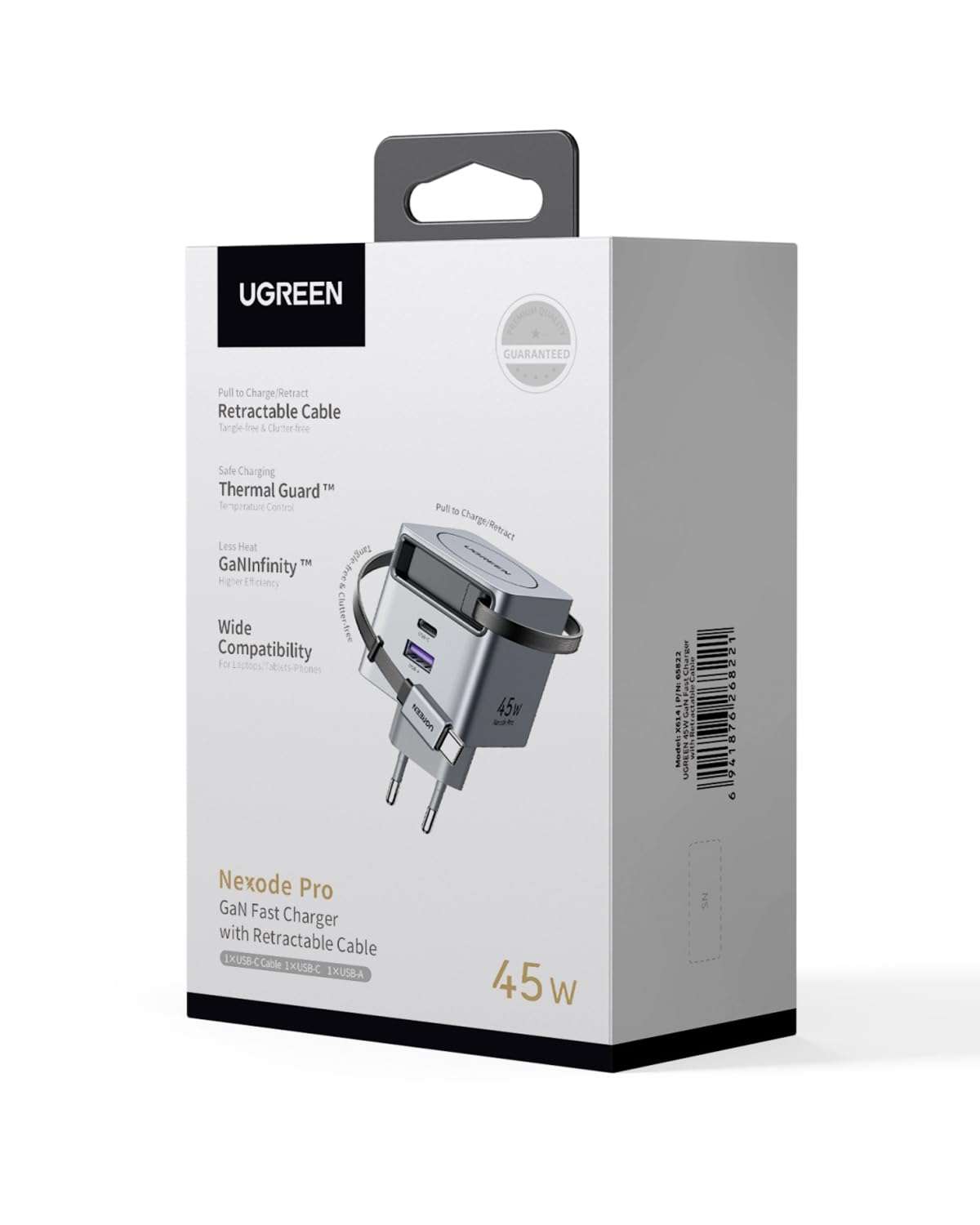 UGREEN Nexode Pro 45W 3 Port Şarj Cihazı (Geri Çekilebilir Kablolu)