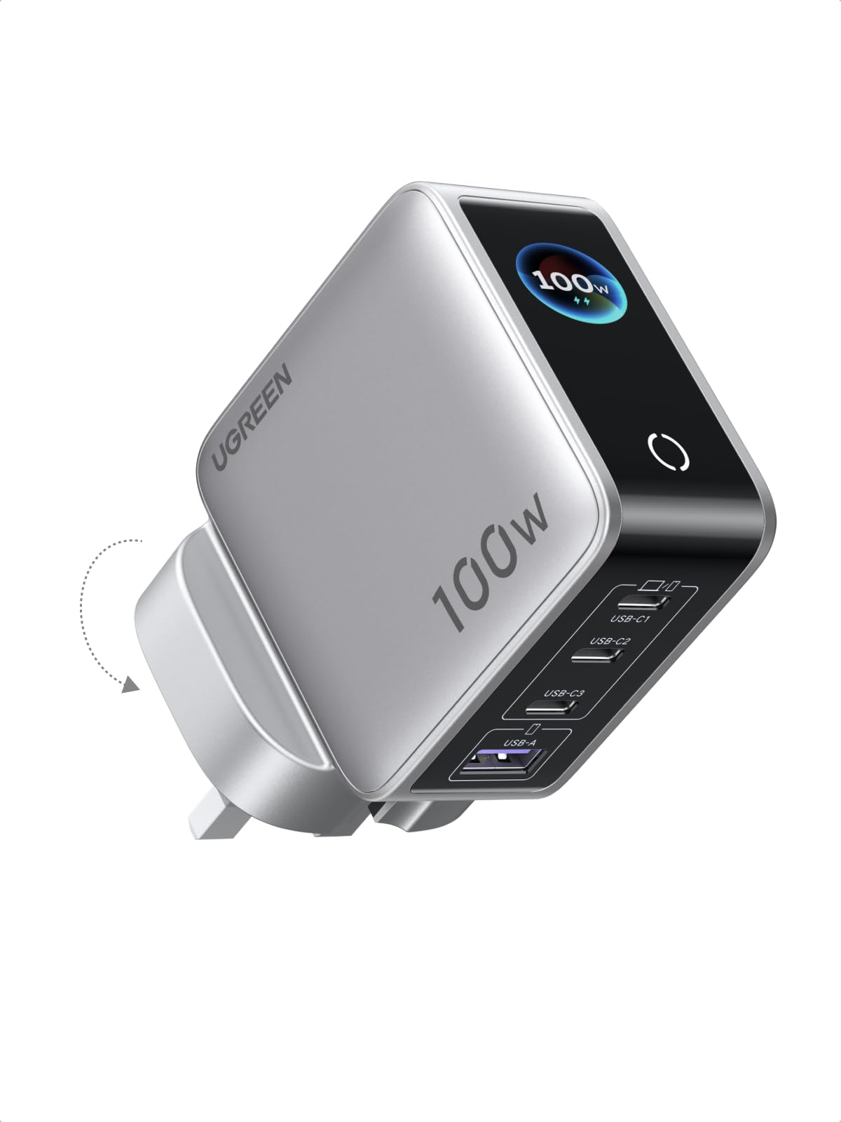 شاحن UGREEN Nexode Pro بقوة 100 واط وتقنية GaN مزود بـ 4 منافذ وشاشة ذكية