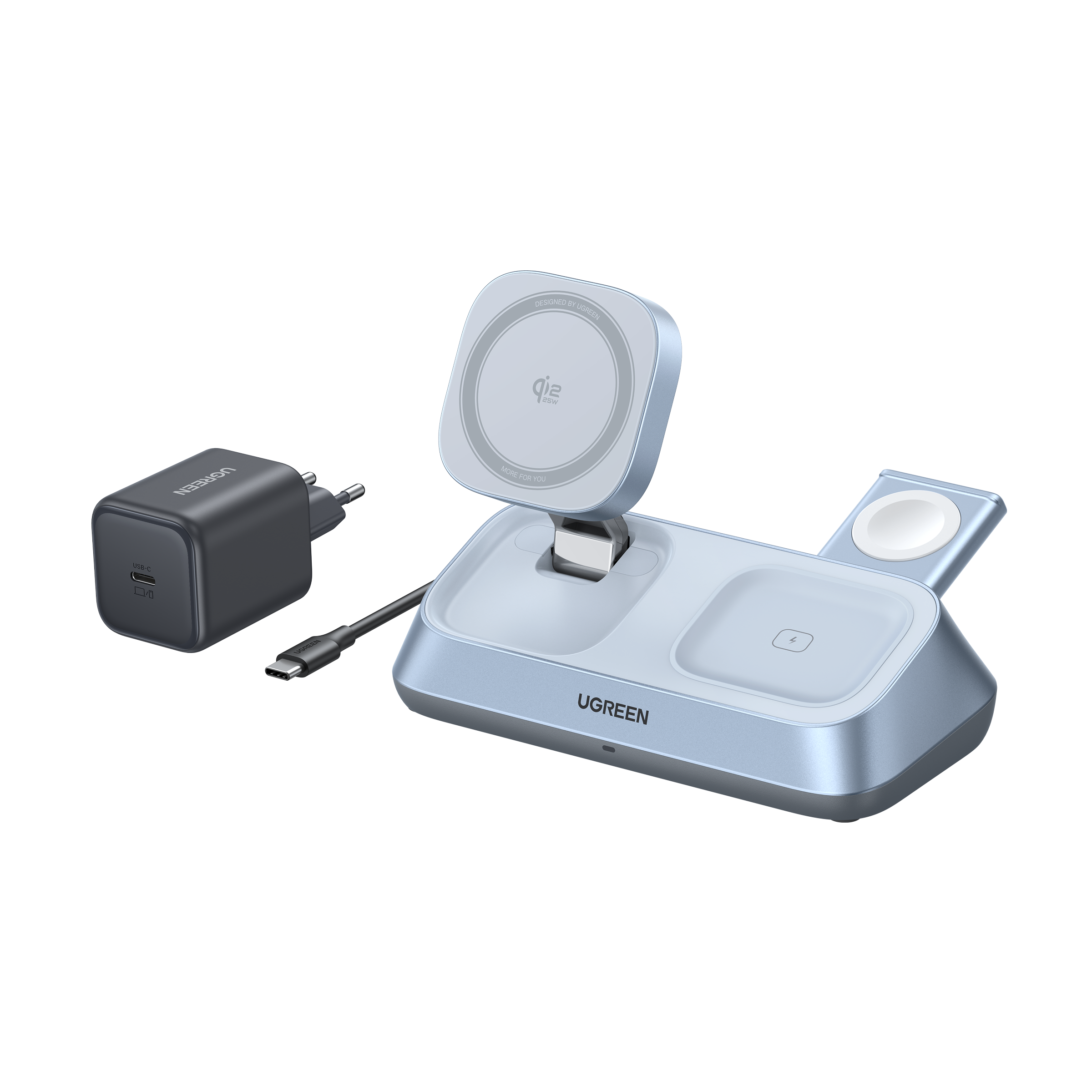 UGREEN MagFlow 3-in-1 Magnetic Wireless Desktop Charger (Qi2 25W, MagSafe-Compatible)