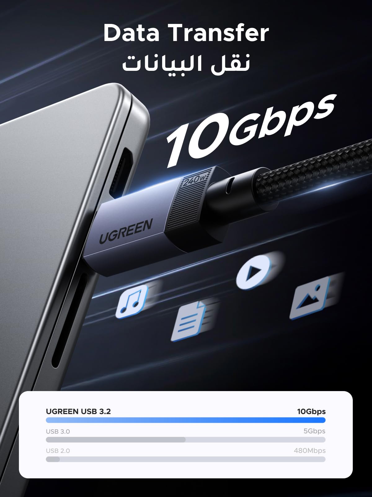 UGREEN كابل USB-C Gen2 بقدرة 100 واط (10Gbps ، USB 3.2 ، 4K 60Hz)