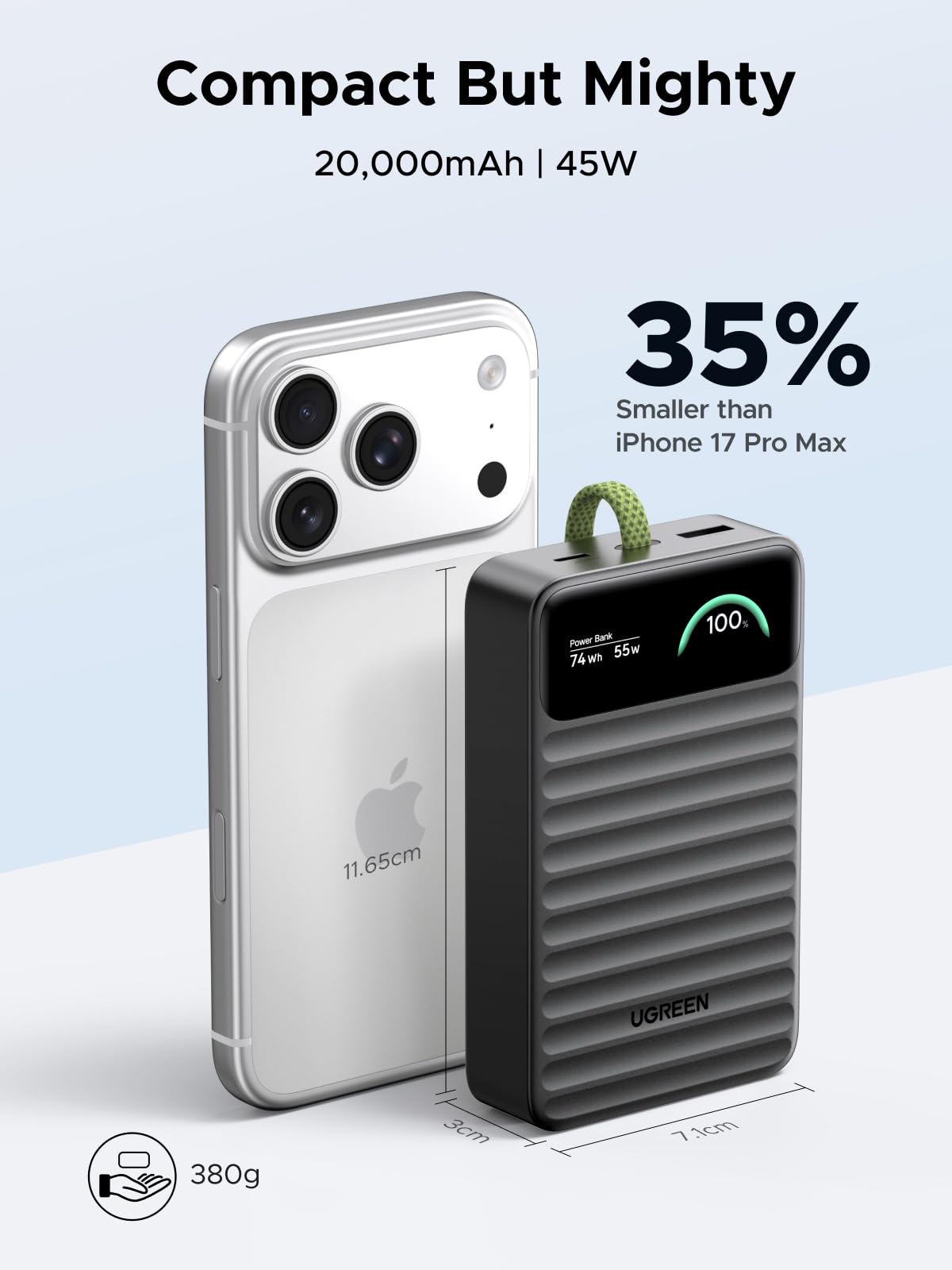 UGREEN Nexode Power Bank 20000mAh 45W with Built-in USB-C Cable Smart Display