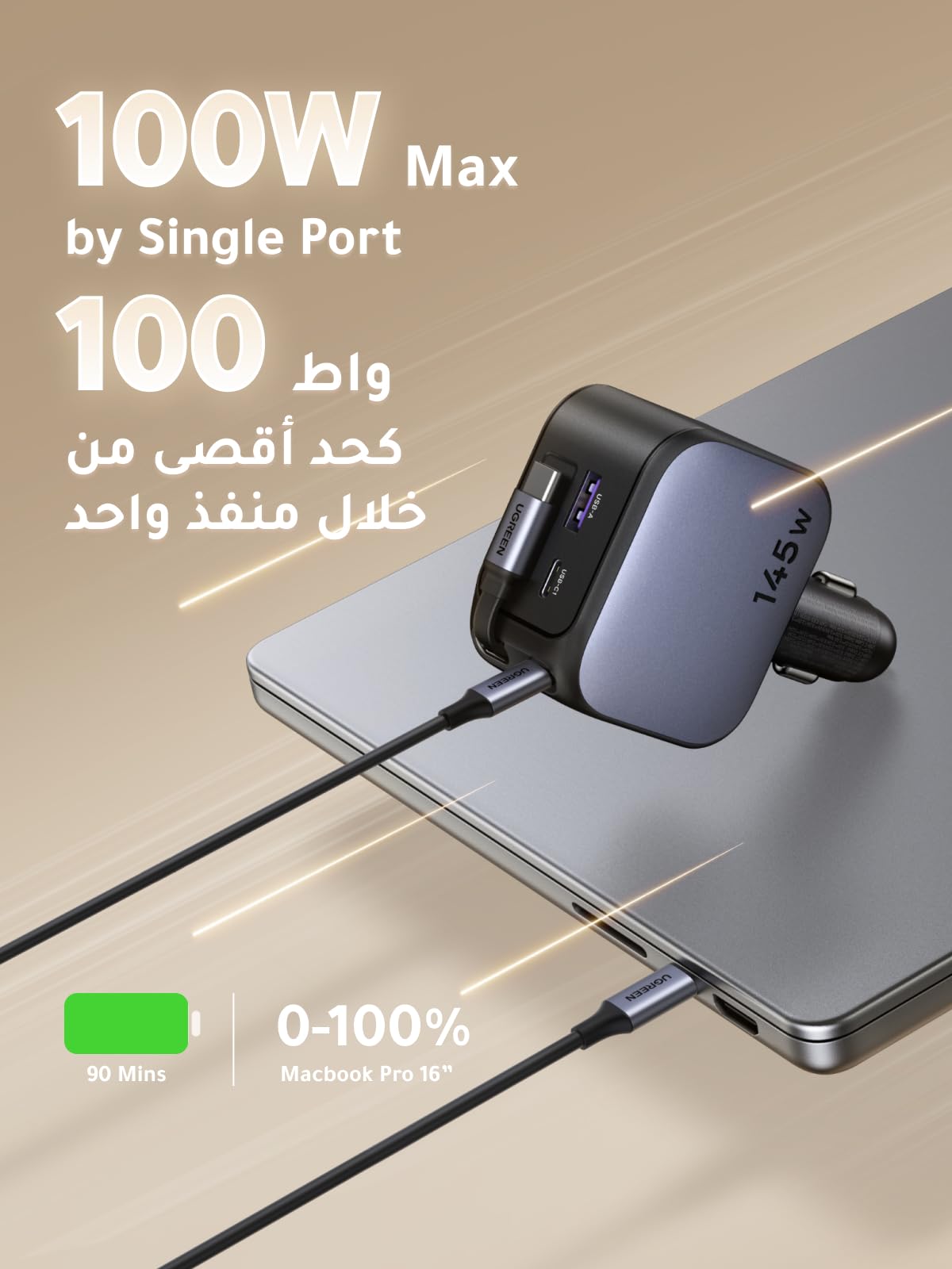 UGREEN Nexode شاحن سيارة 145 واط مع كابل USB-C قابل للسحب