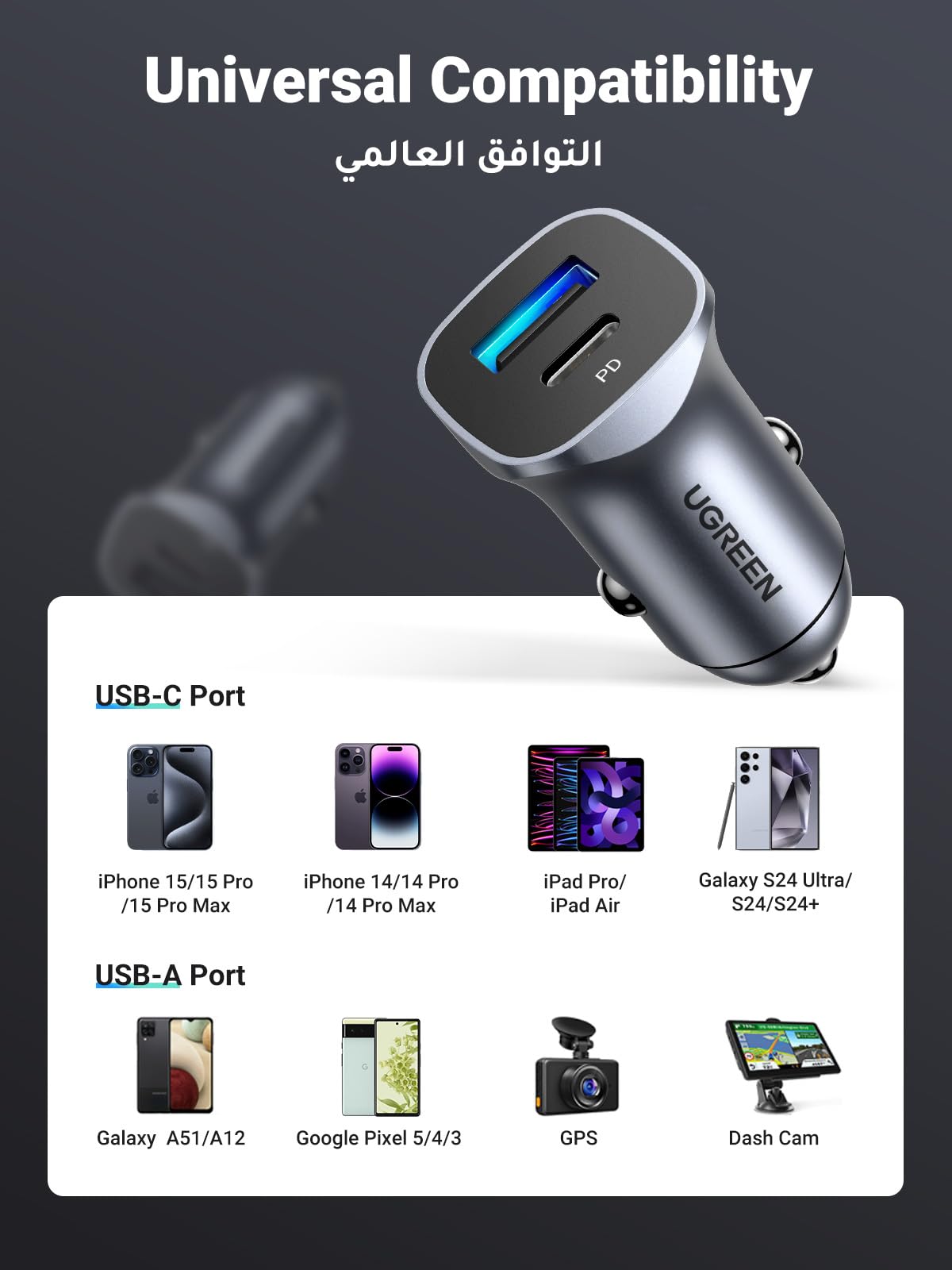 UGREEN شاحن سيارة منفذين PD 24 واط (1C1A)