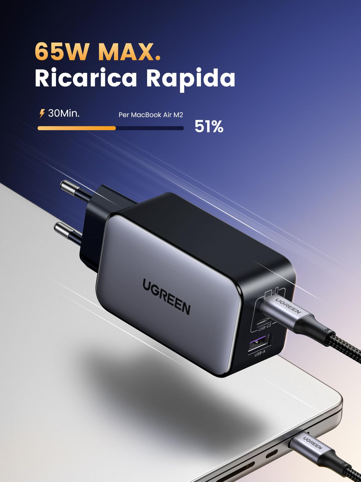 UGREEN Nexode 65W Caricatore USB C con 3 Porte di Ricarica Rapida