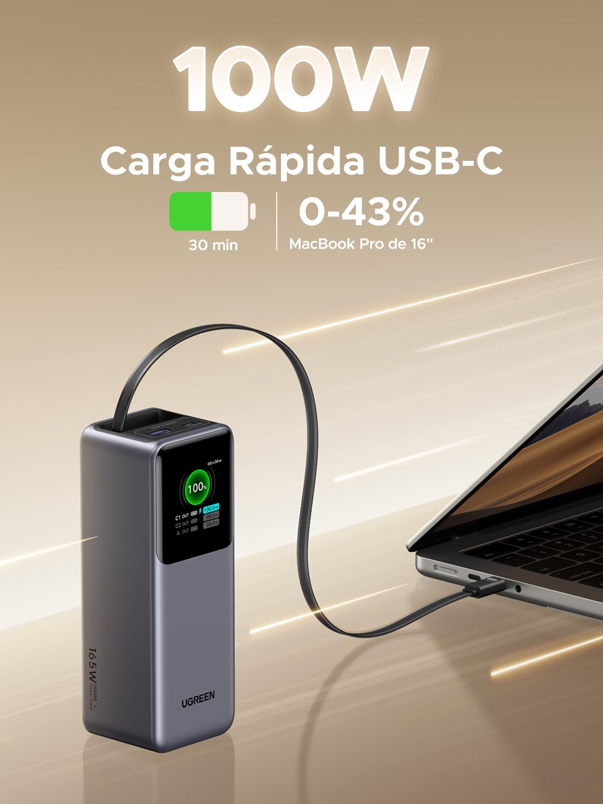 UGREEN Nexode 20000mAh Banco de Energía con Cable Retráctil, Power Bank Portátil de 165W 