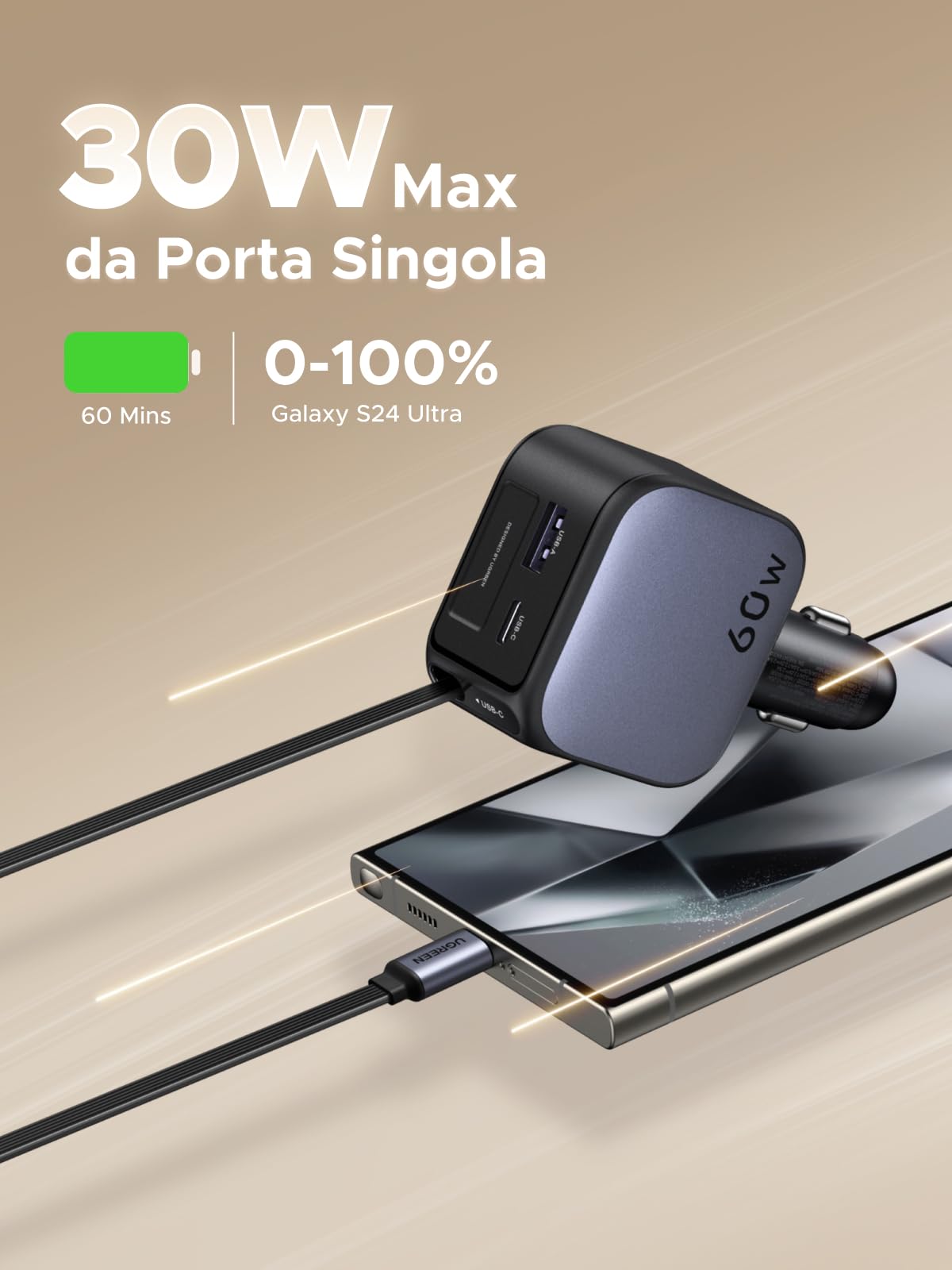 UGREEN 60W Retrattile Caricatore Auto, Caricabatteria Accendisigari USB C 3 Porta Ricarica Rapida