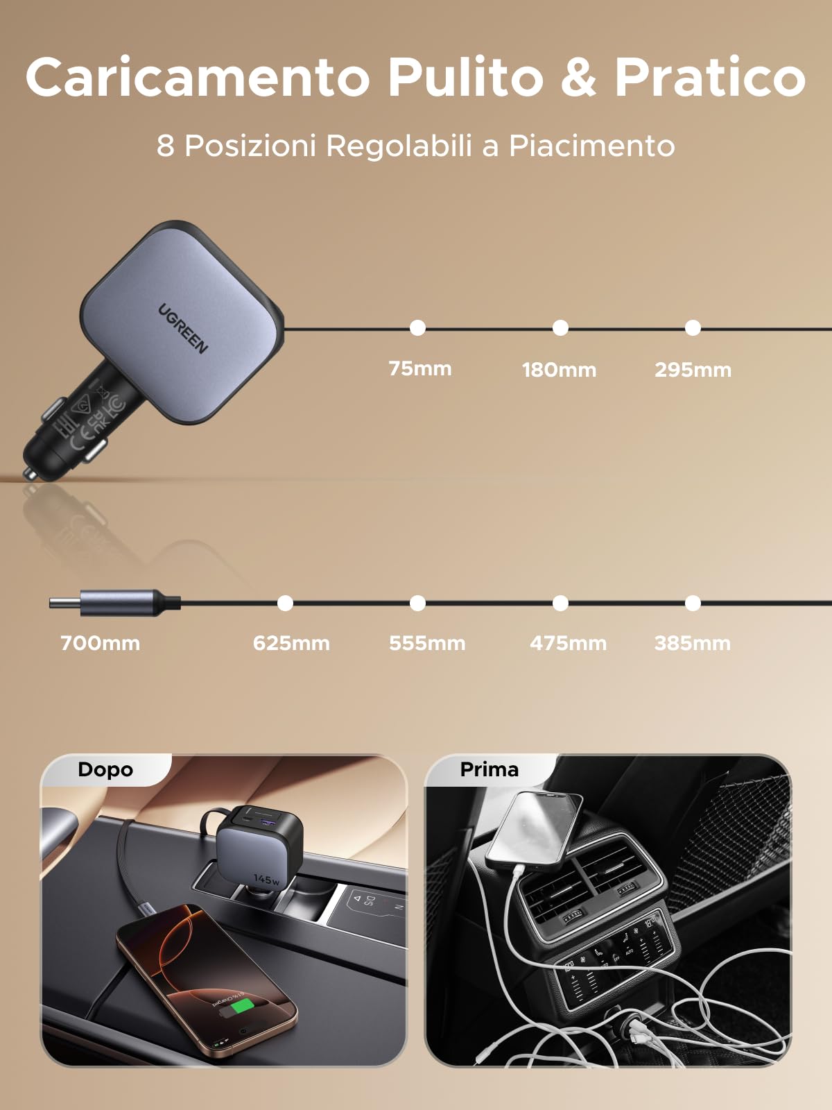 UGREEN 145W Retrattile Caricatore Auto, Caricabatteria Accendisigari USB C Ricarica Rapida 4 Porta