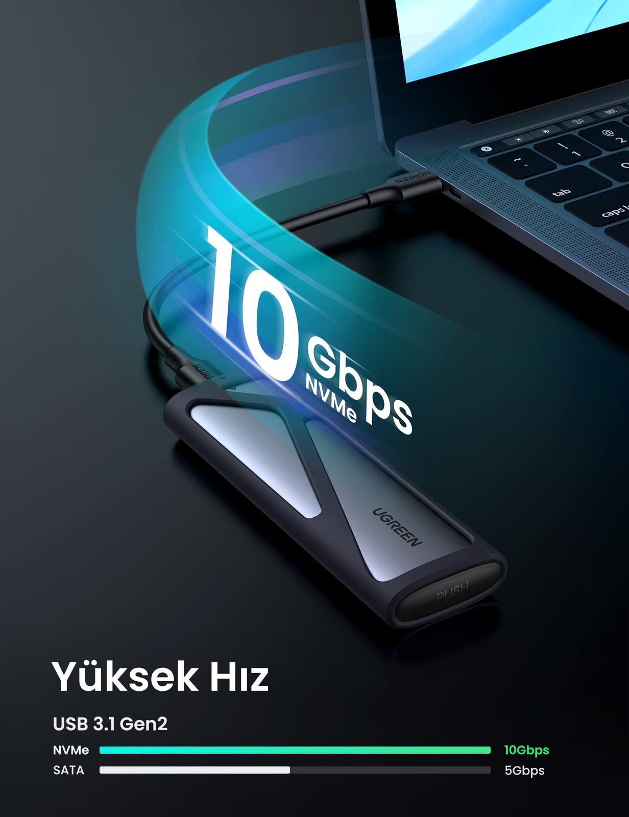 UGREEN USB-C dişi – M.2 M-Key SSD Kutusu (10G, C to C Kablo ile)