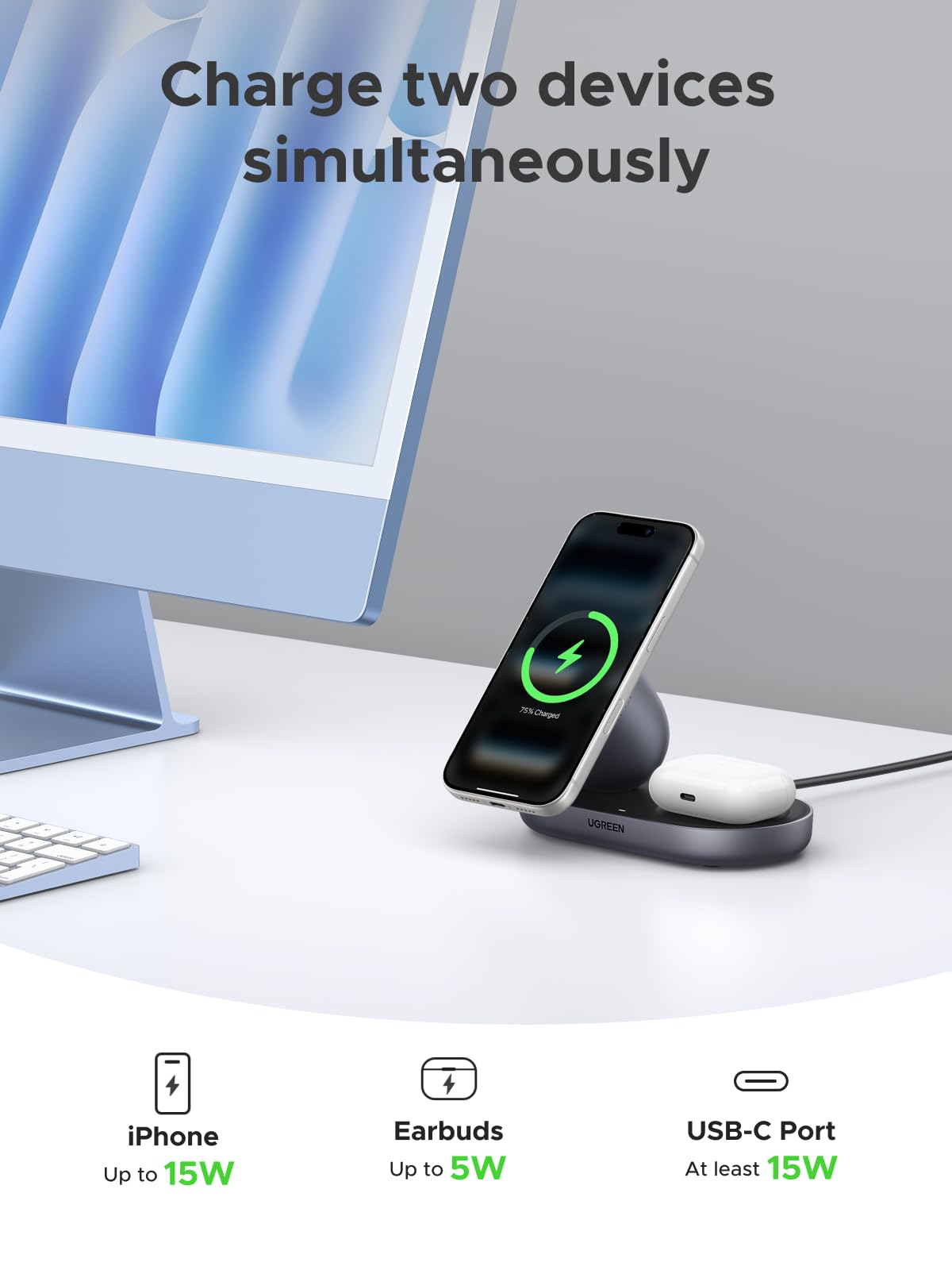 UGREEN  MagFlow Qi2 15W 2-in-1 Wireless Charger