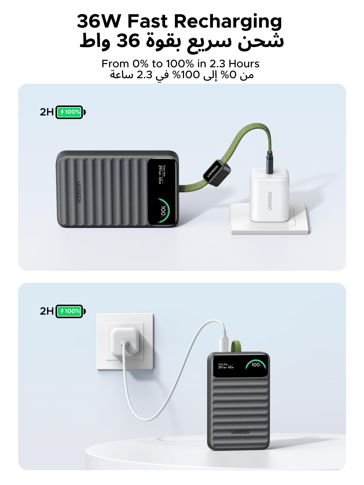 Sạc dự phòng UGREEN Nexode 10000mAh 45W tích hợp cáp USB-C và màn hình thông minh