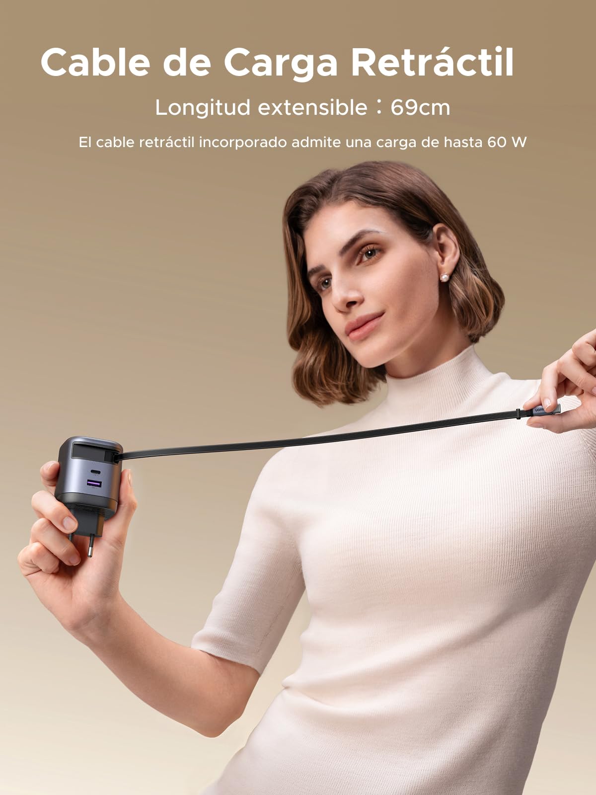 UGREEN Nexode Cargador USB C con Cable Retráctil 65W GaN