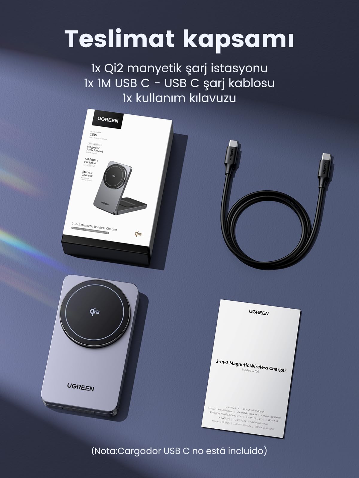 UGREEN 2’si 1 Arada Manyetik Kablosuz Şarj Cihazı Qi2 20W (Katlanabilir Fişli)