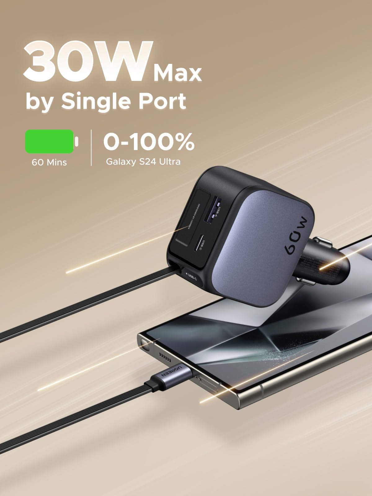 UGREEN Nexode Sạc Ô Tô 60W kèm Cáp USB-C Thu Gọn