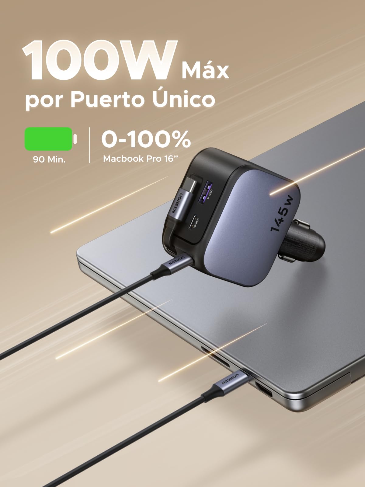UGREEN 145W Cargador Coche Retráctil Carga Rápida 4 Puertas con Cable Retractil