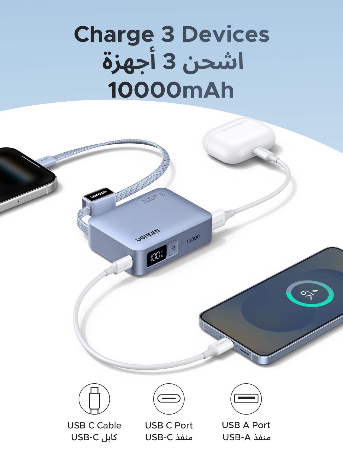 UGREEN Nexode Power Bank 10000mAh 30W with Built-in USB-C Cable