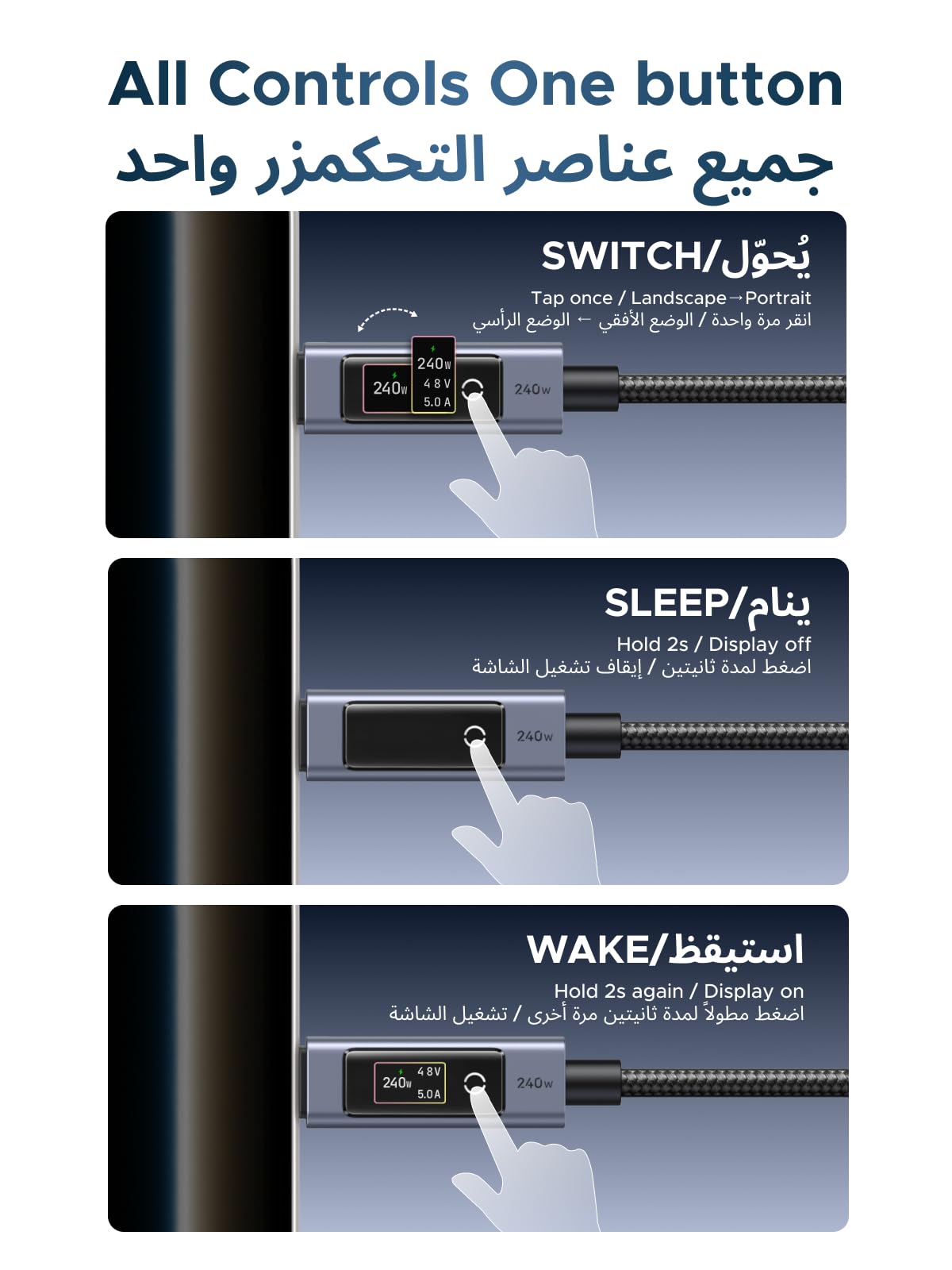 كابل UGREEN Nexode USB-C بقوة 240 واط مع شاشة رقمية (طول 2 متر)