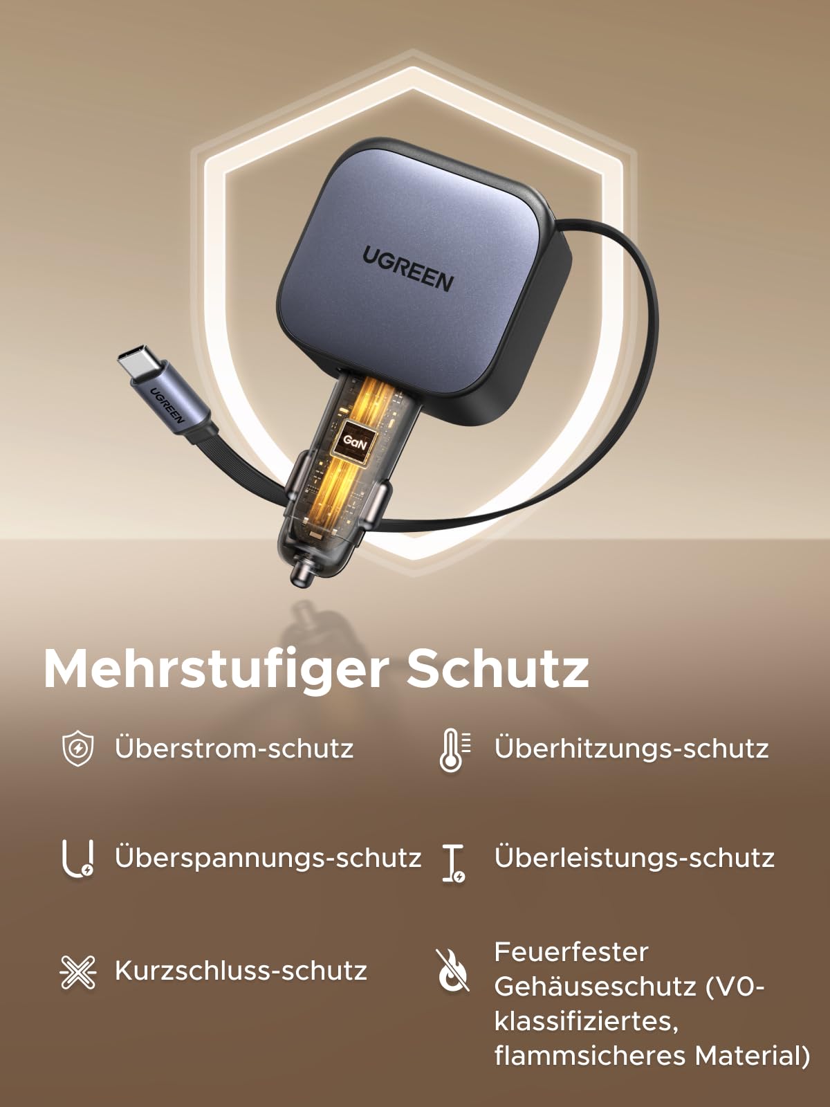 UGREEN Nexode شاحن سيارة 60 واط مع كابل USB-C قابل للسحب