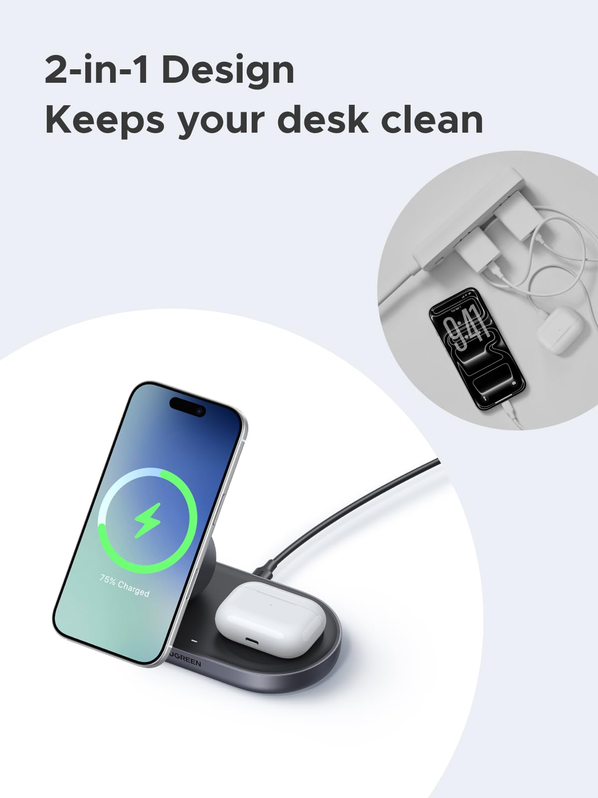 UGREEN  MagFlow Qi2 15W 2-in-1 Wireless Charger