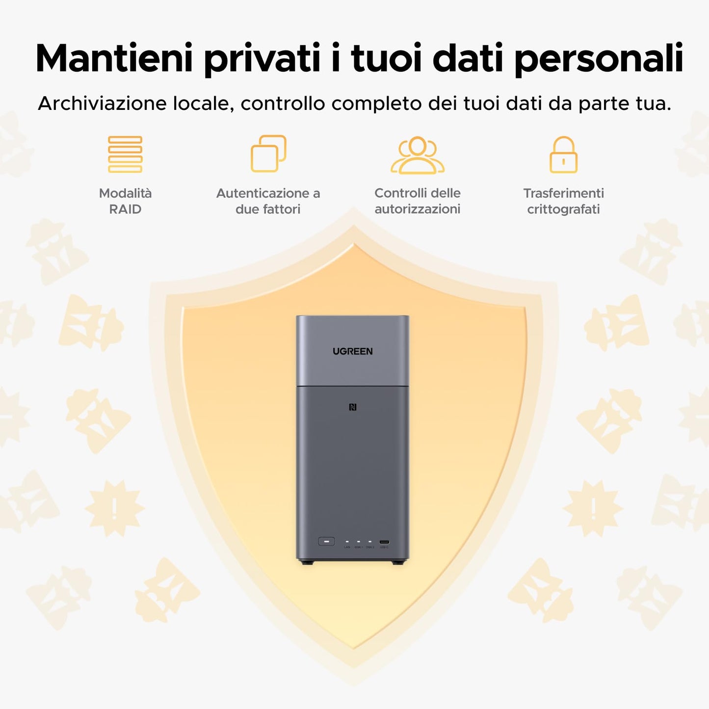 UGREEN NASync DH2300 NAS desktop a 2 alloggiamenti, LAN 1 GbE, 4 GB RAM, connessione NFC One-Touch