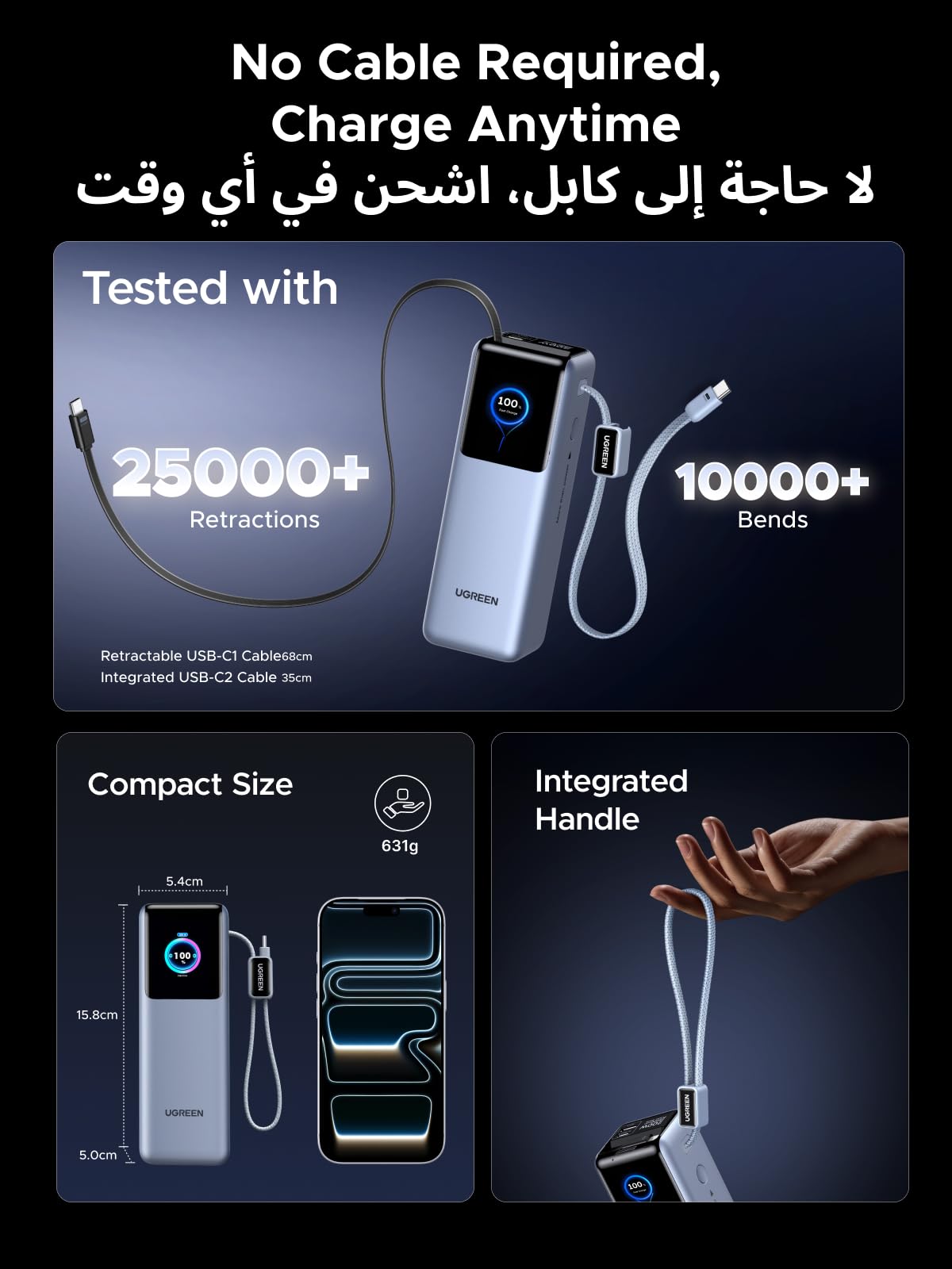 UGREEN Nexode Power Bank 25000mAh 200W with Retractable USB-C Cable