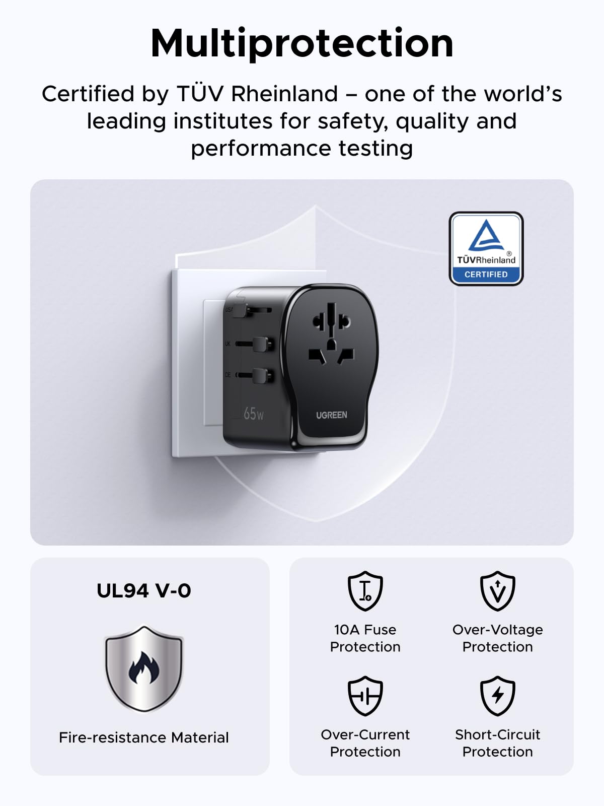 UGREEN 55001 travel adapter multiprotection TÜV Rheinland certified UL94 V0 10A fuse over voltage over current short circuit protection
