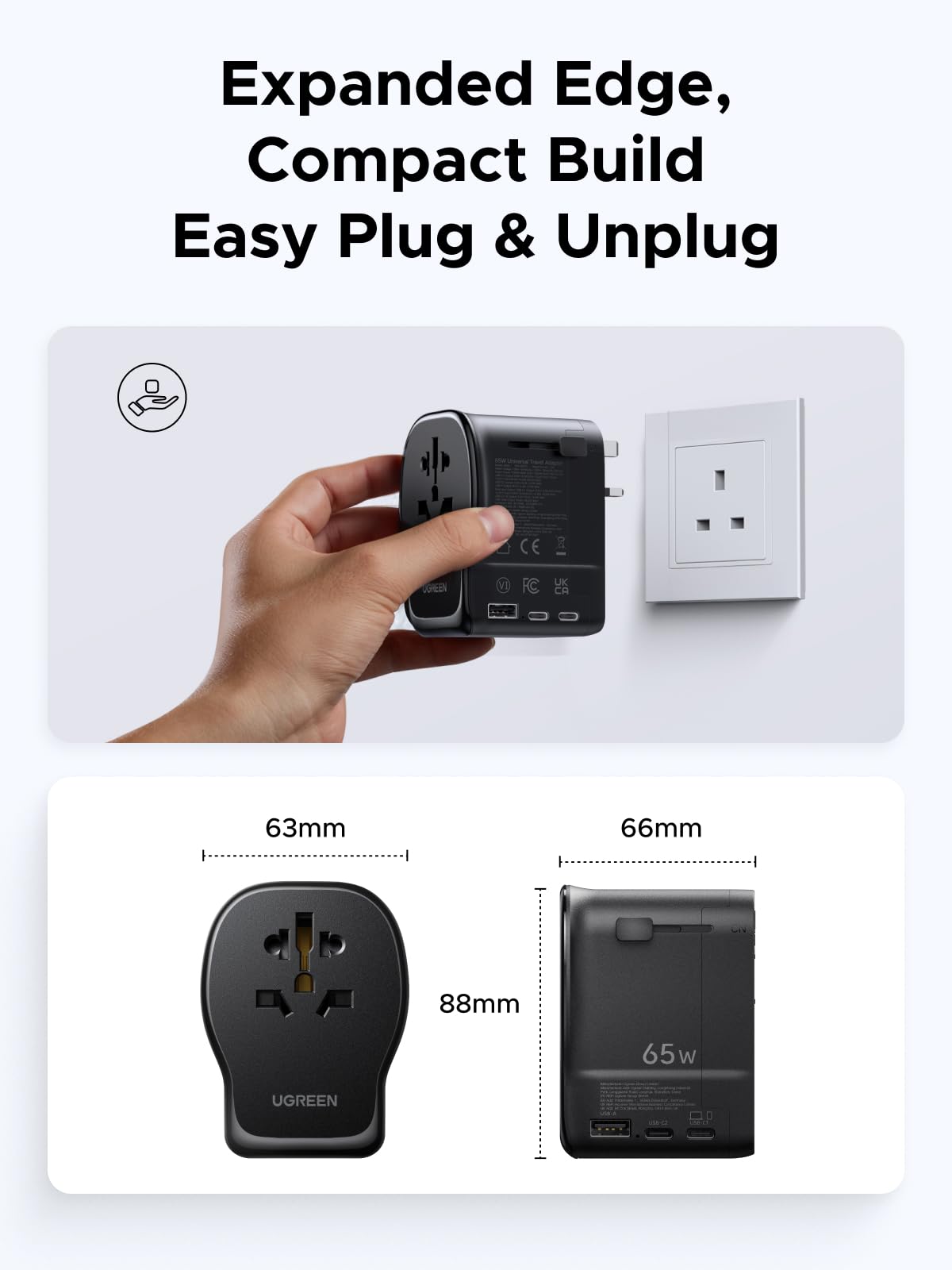 UGREEN 55001 universal travel adapter compact build dimensions 88mm 66mm 63mm