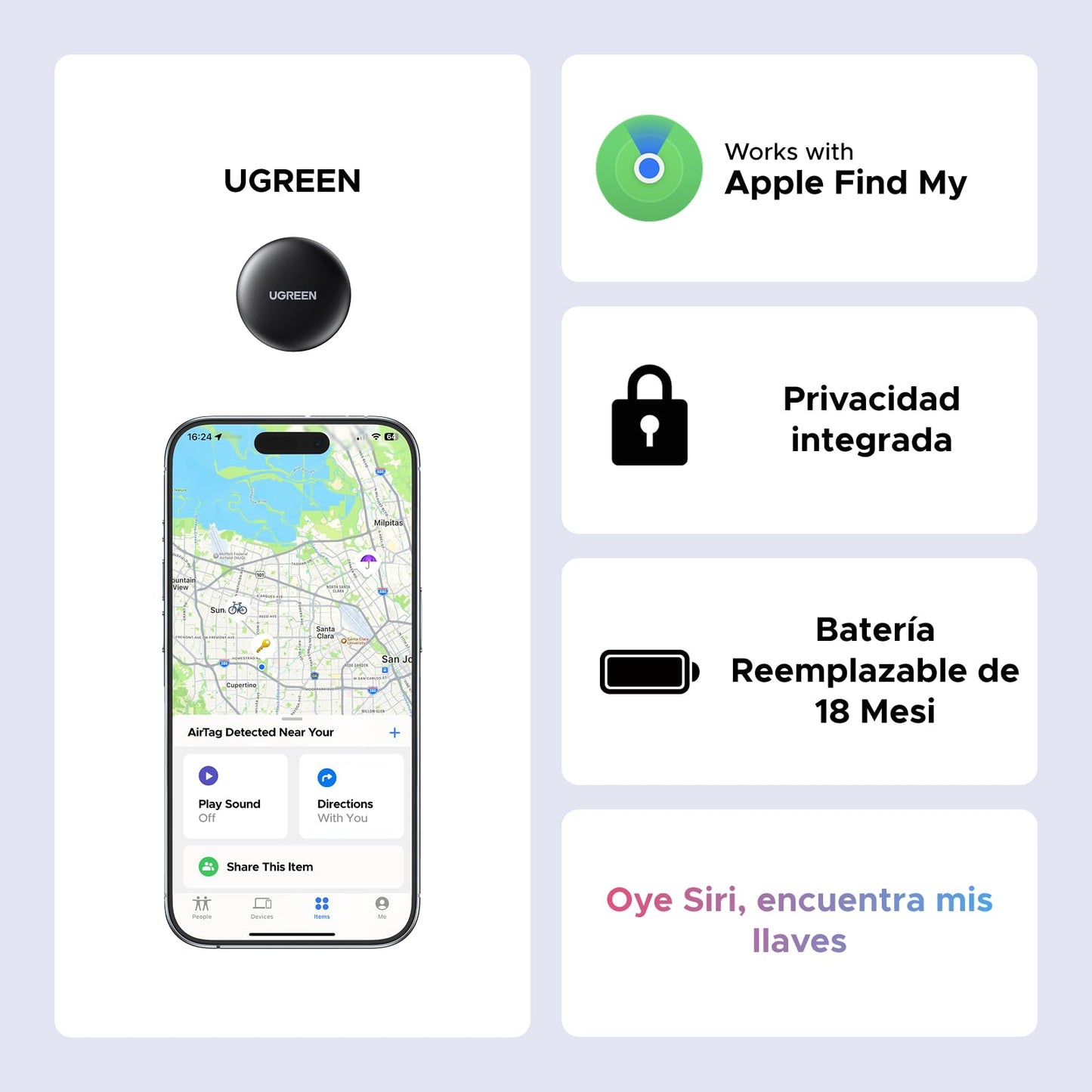 UGREEN FineTrack Mini Tag Localizador Bluetooth SmartTag Tracker Soporte iOS Batería de 18 Meses Rastreador