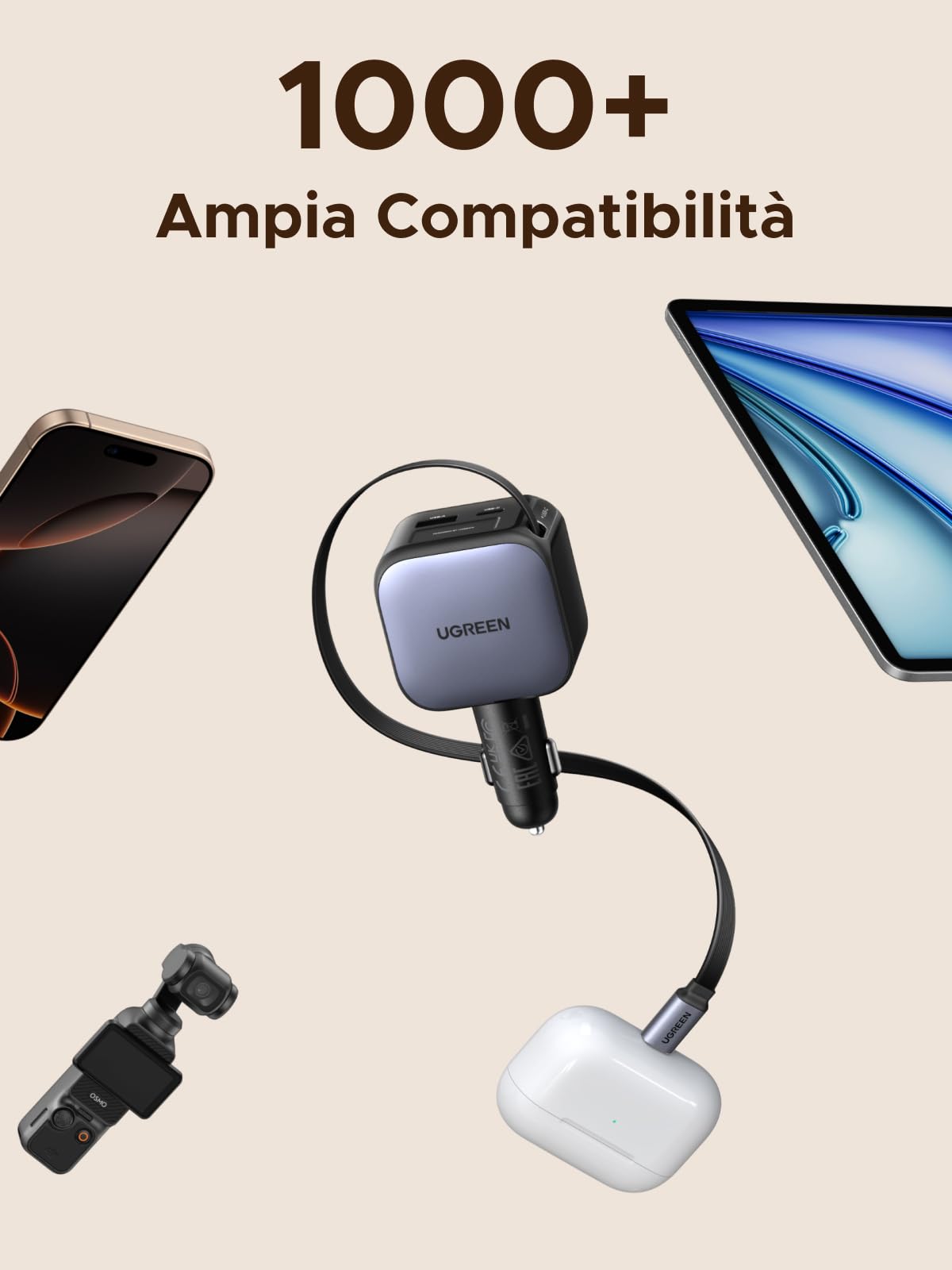 UGREEN 60W Retrattile Caricatore Auto, Caricabatteria Accendisigari USB C 3 Porta Ricarica Rapida