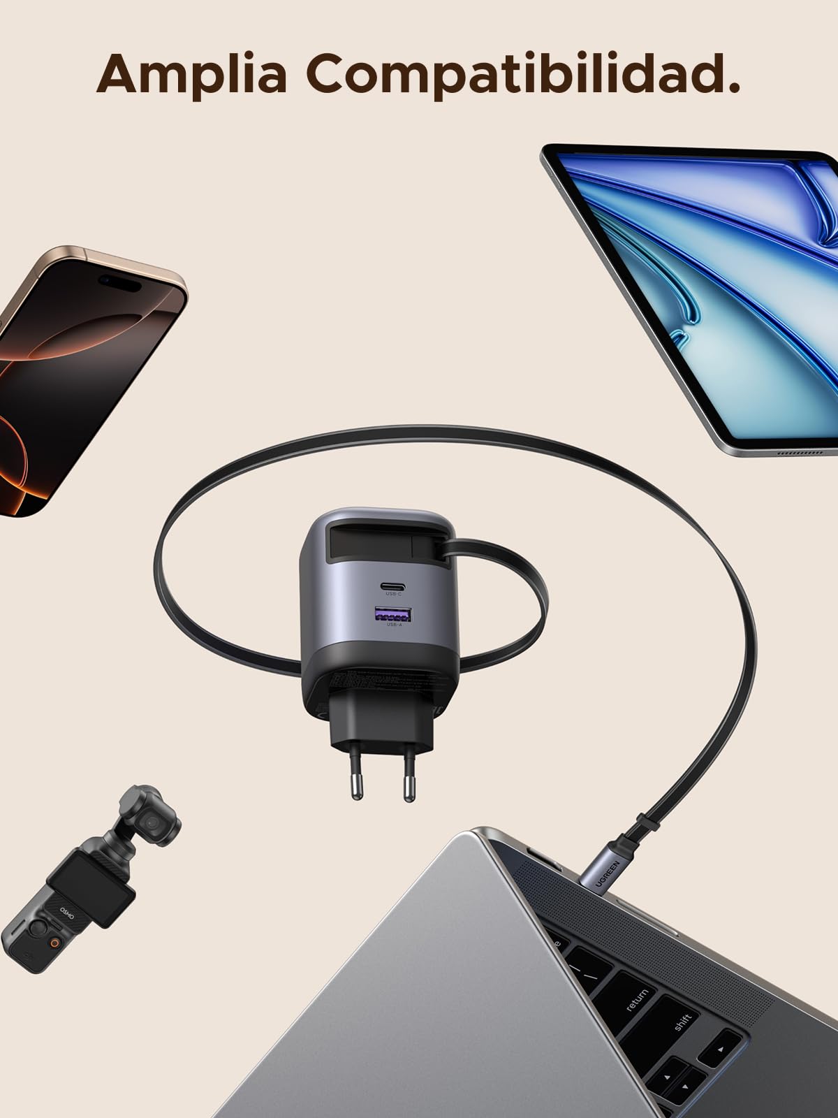 UGREEN Nexode Cargador USB C con Cable Retráctil 65W GaN