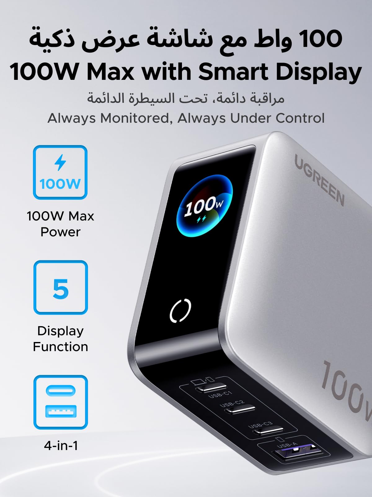 شاحن UGREEN Nexode Pro بقوة 100 واط وتقنية GaN مزود بـ 4 منافذ وشاشة ذكية