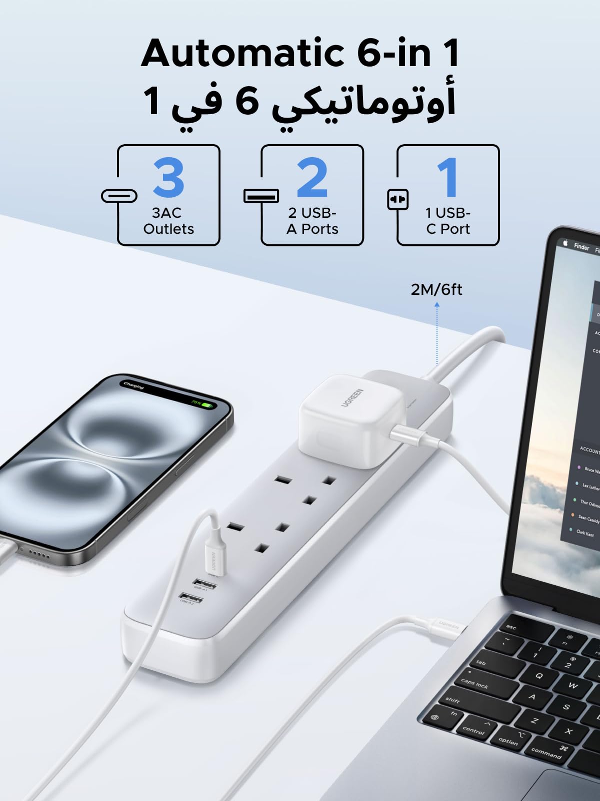 UGREEN مشترك طاقة 6 في 1 PD 30 واط (3AC، 2C1A، 2 متر)