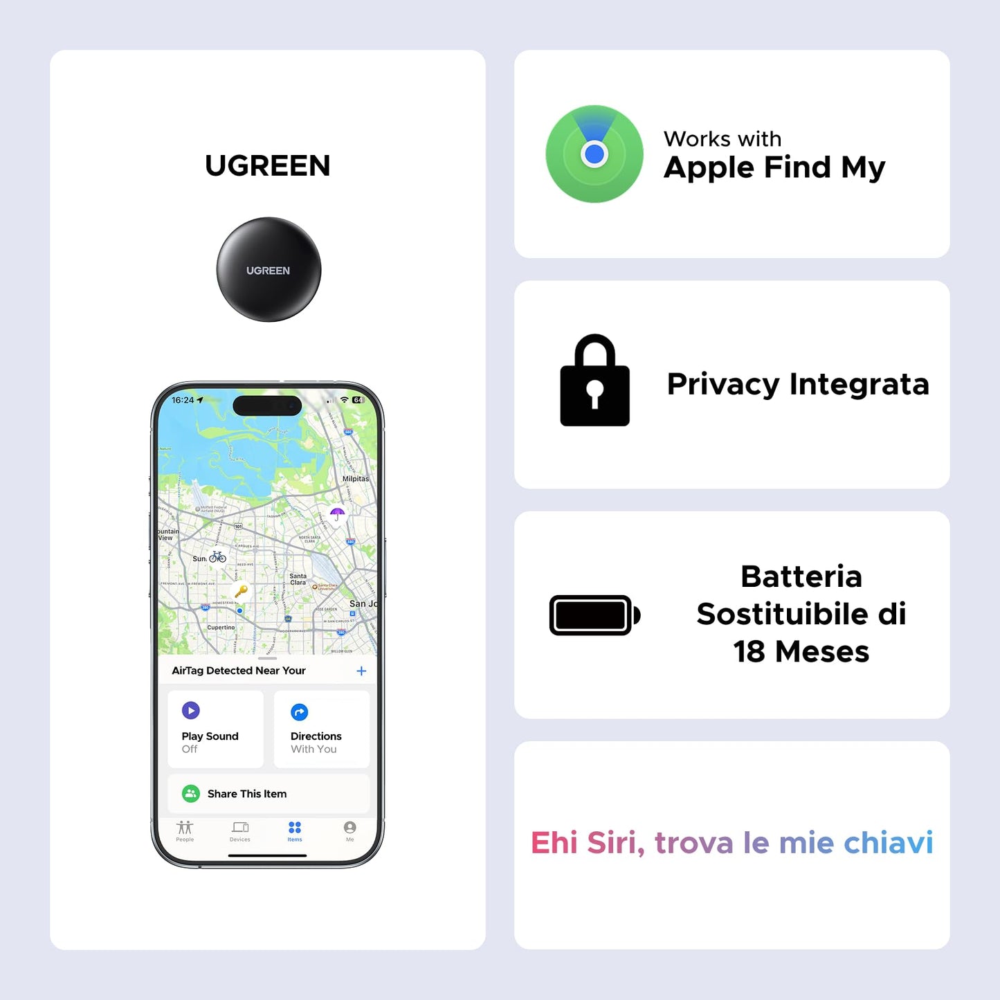 UGREEN FineTrack Mini Tag Localizzatore Bluetooth SmartTag Tracker Supporta iOS Batteria da 18 Mesi Tracker