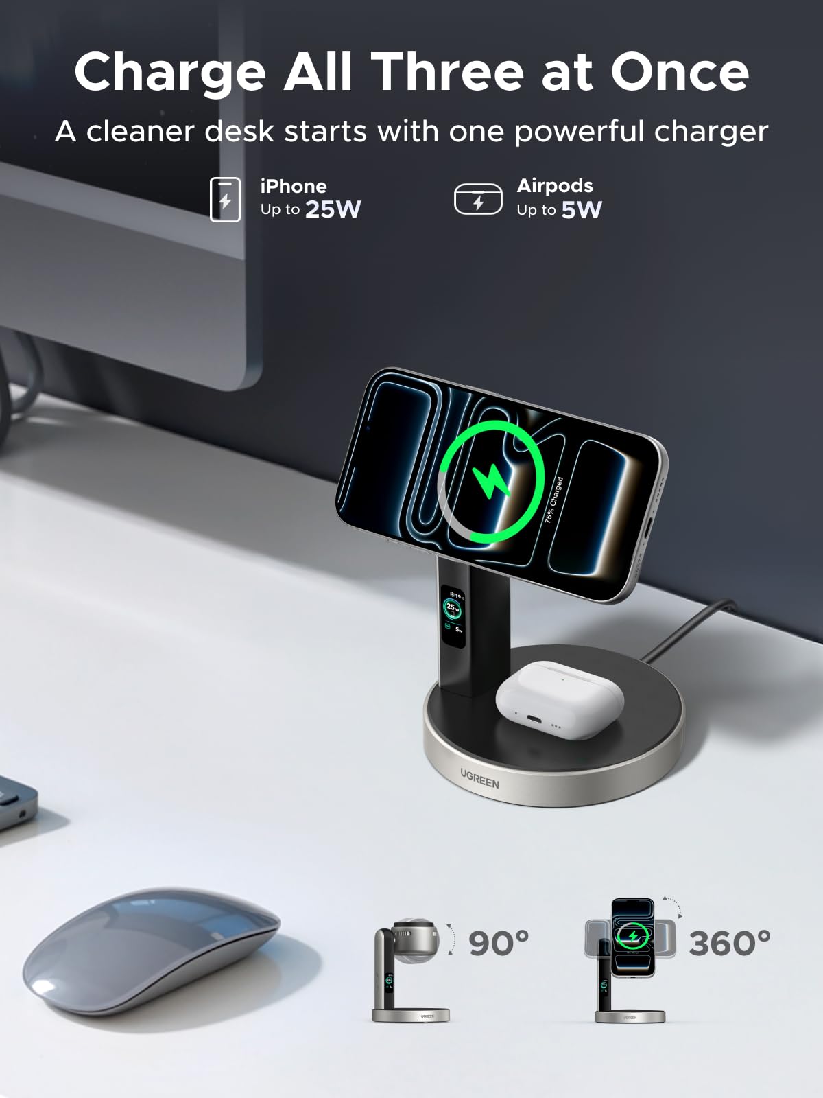 UGREEN MagFlow Pro 2-in-1 Magnetic Wireless Charging Stand 25W