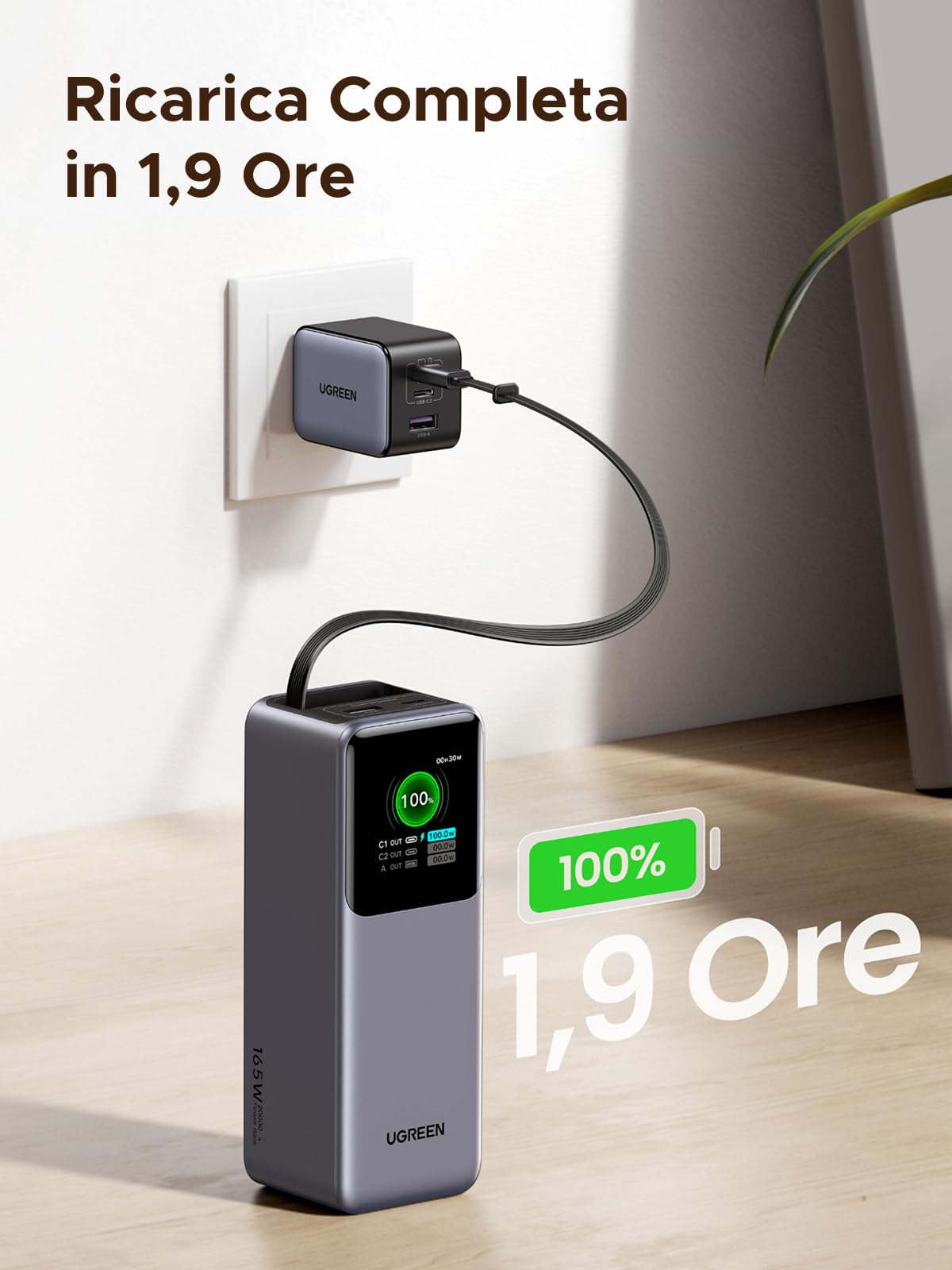 UGREEN Nexode Power Bank 20000mAh con Cavo Retrattile, Batteria Portabile Ricarica Rapida 165W