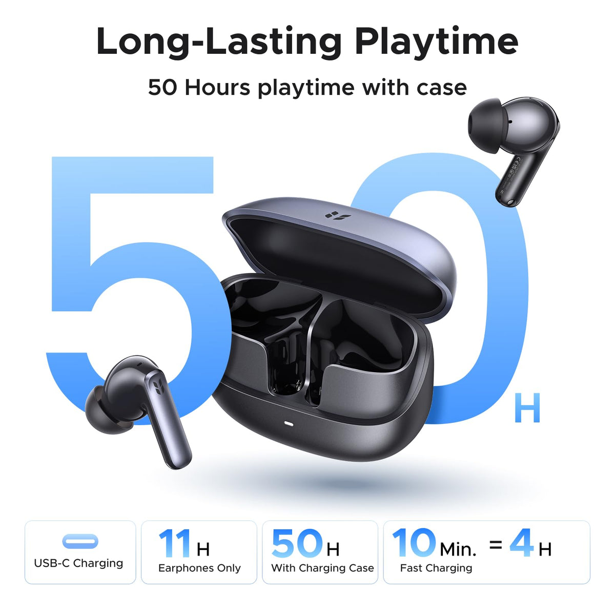 UGREEN EchoBuds Plus Earbuds 55dB Adaptive ANC 50H Playback Headsets Black