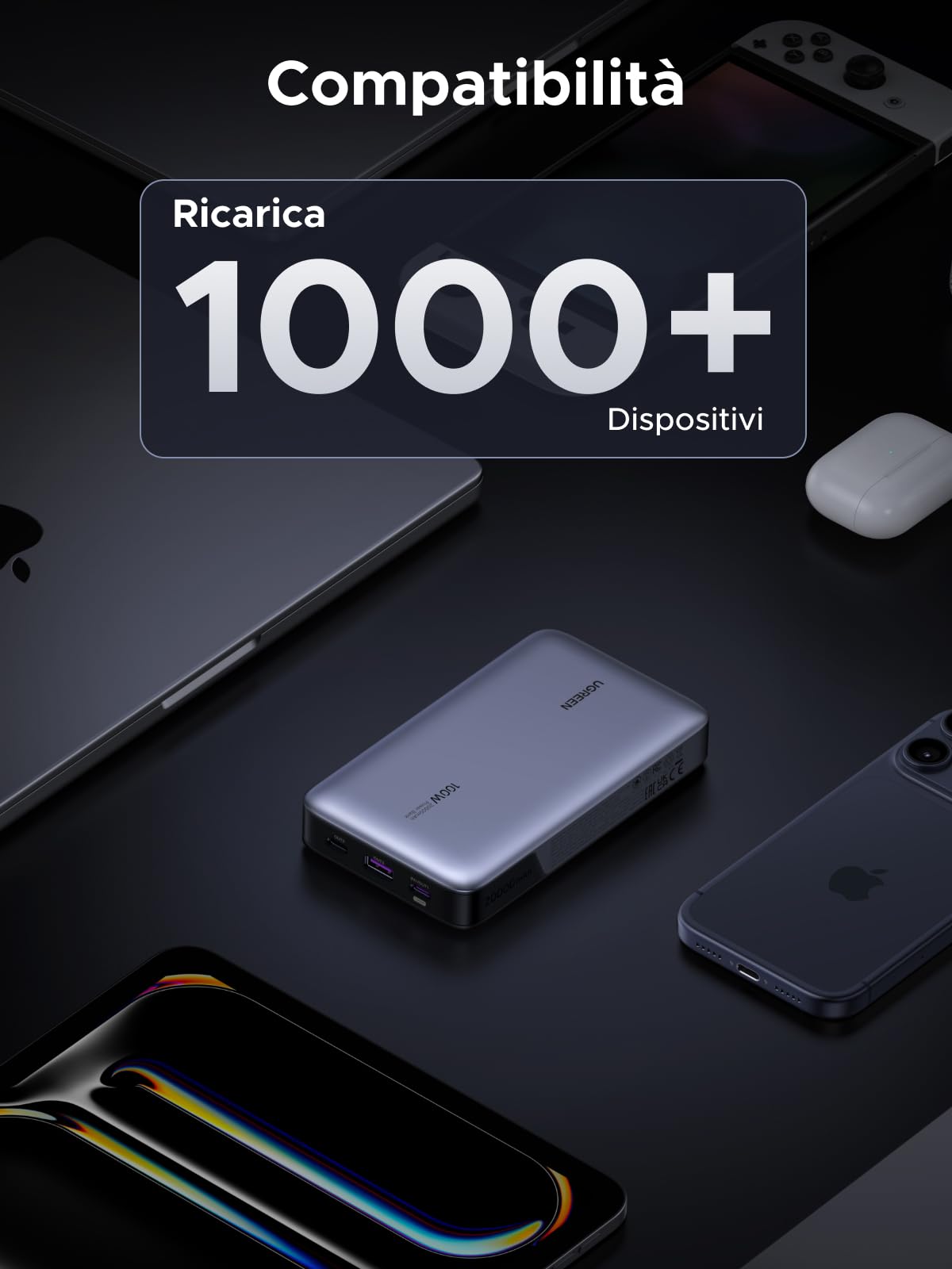 UGREEN Nexode 100W Power Bank 20000mAh, Caricatore Portatile con 3 Porte, Batteria Esterna con Display