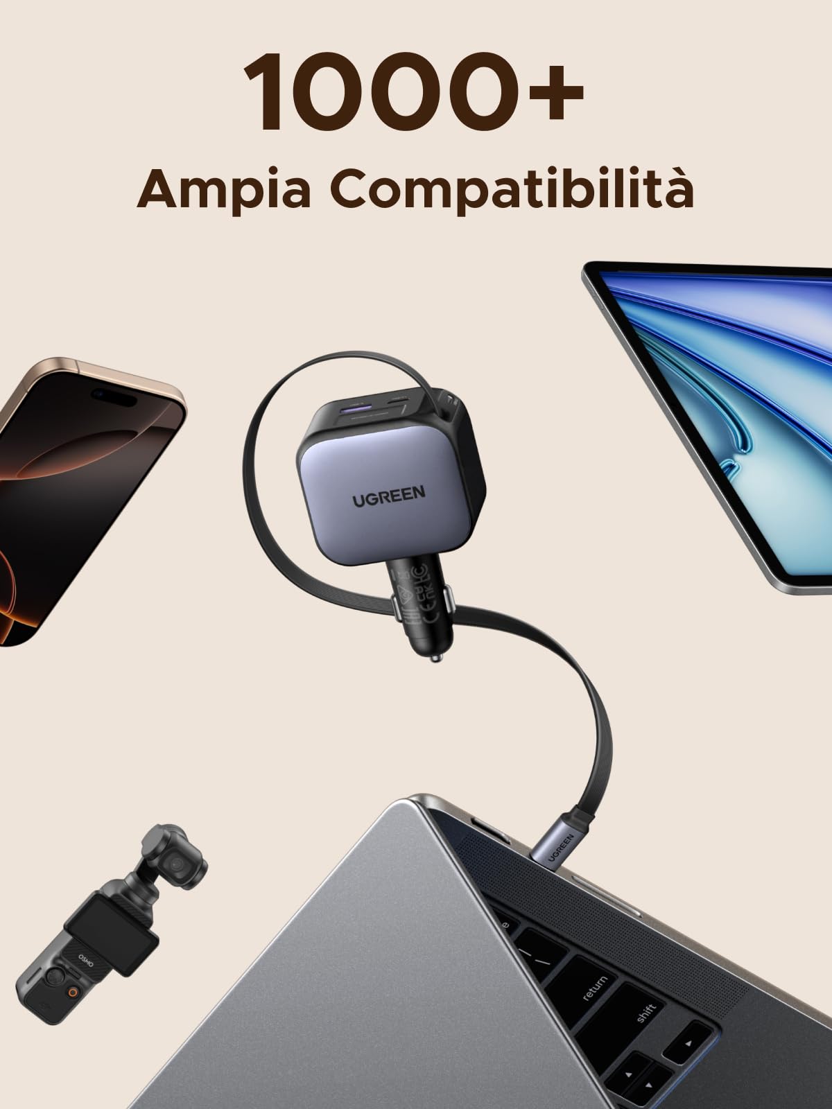 UGREEN 145W Retrattile Caricatore Auto, Caricabatteria Accendisigari USB C Ricarica Rapida 4 Porta