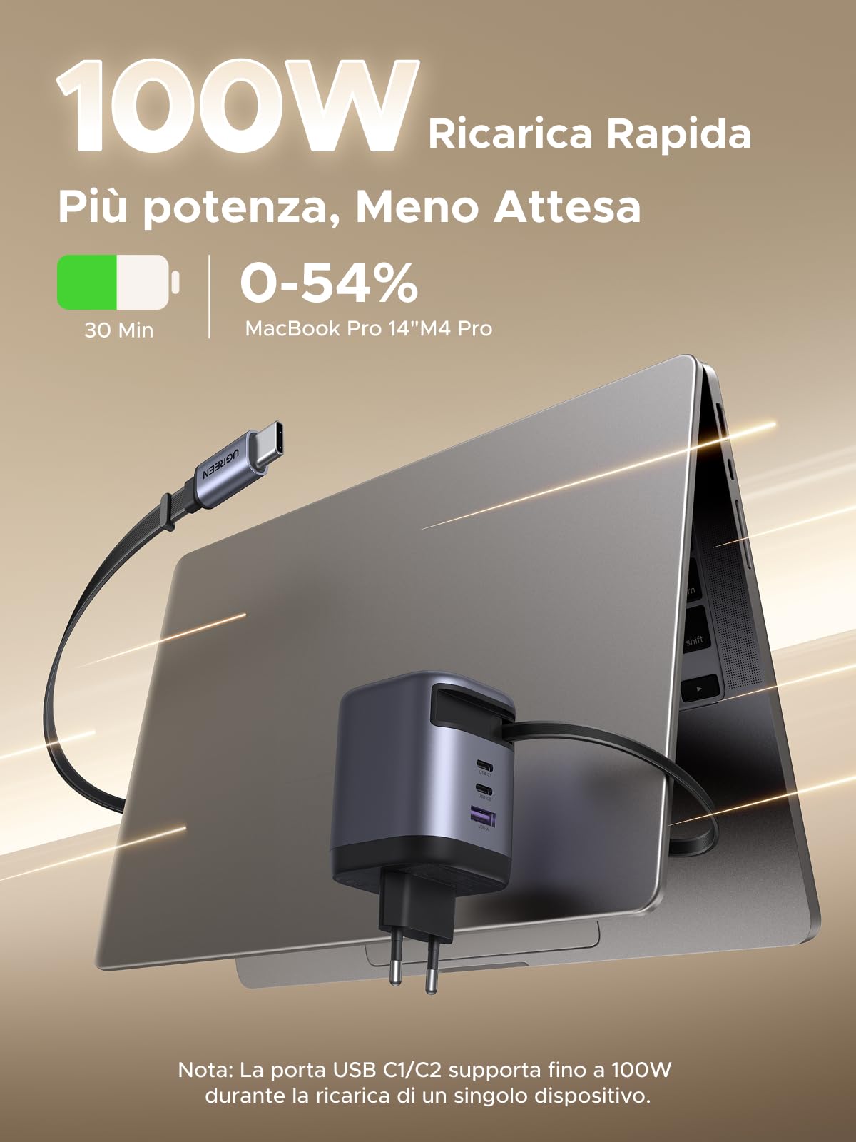 UGREEN Nexode Caricatore USB C 100W GaN con Cavo Retrattile