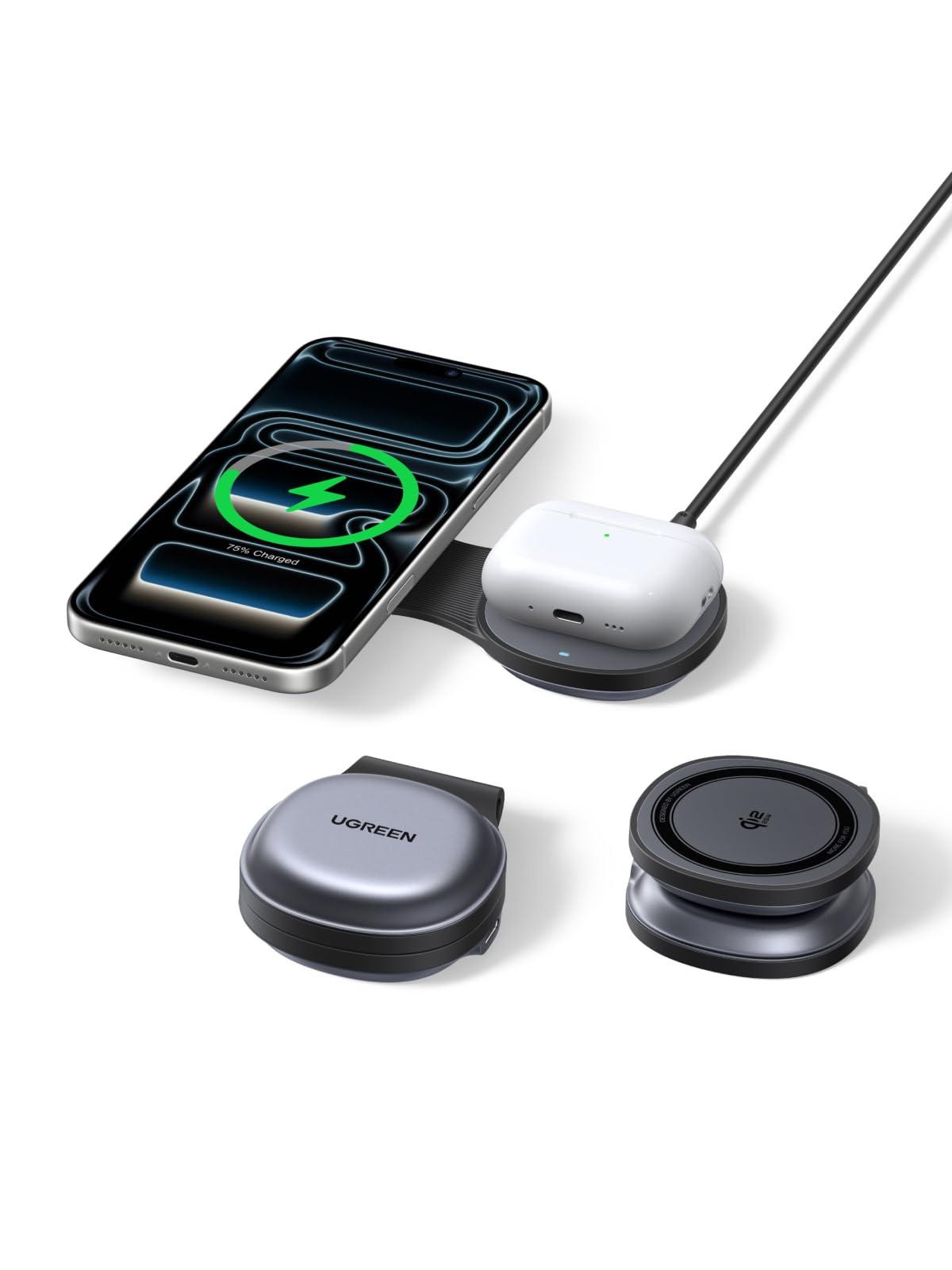 UGREEN MagFlow แท่นชาร์จไร้สายแบบแม่เหล็ก 2-in-1 พับเก็บได้ กำลังไฟ 25W