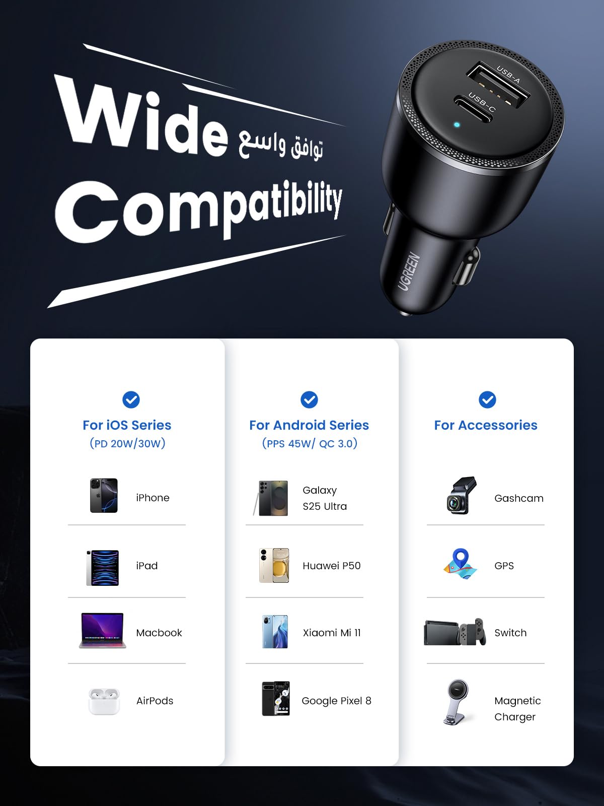 UGREEN Car Charger 2 Port 63W (1C1A)